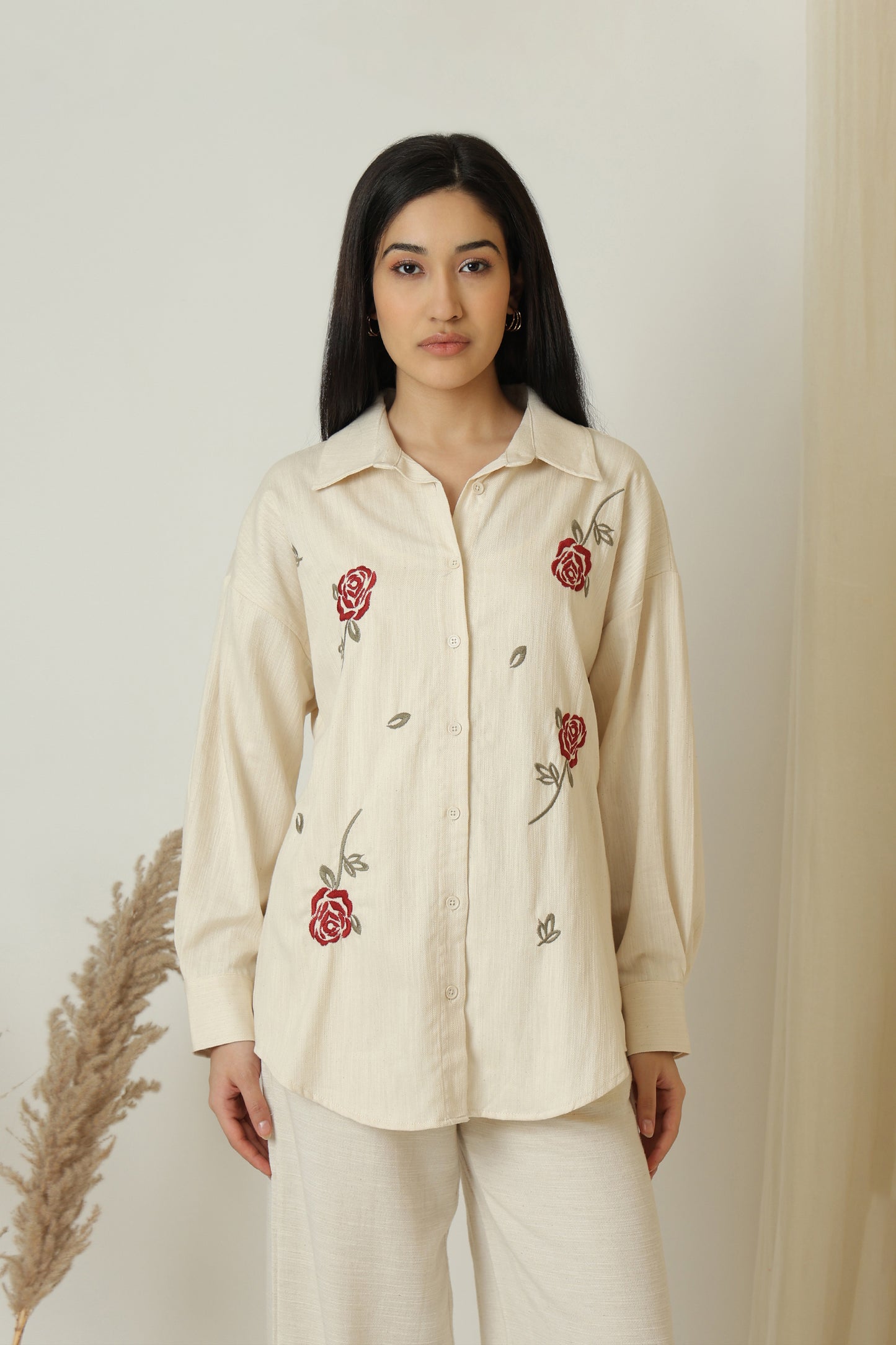 Dainty Rose Embroidery Shirt - Meiala