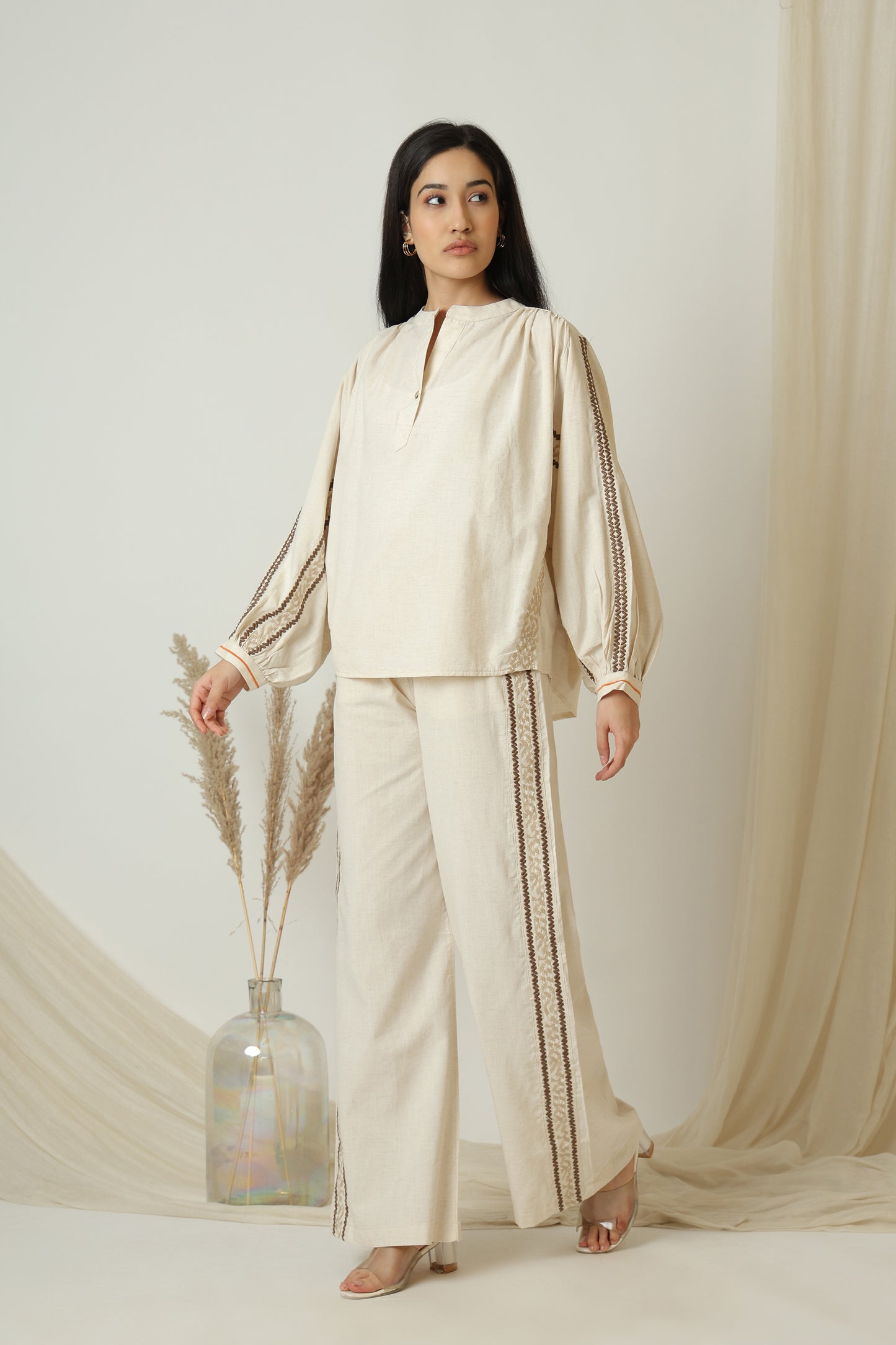 Contrast Embroidery Taping Coord Set - Meiala
