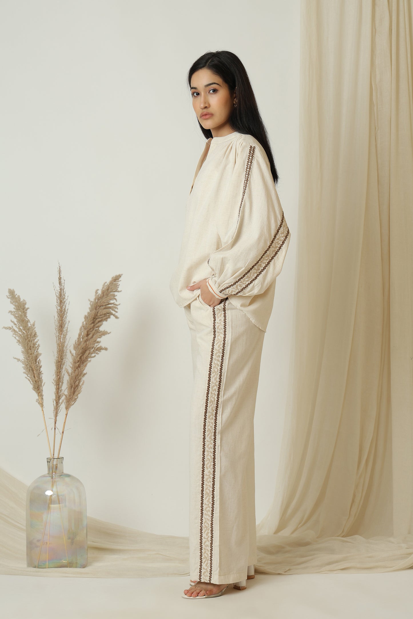 Contrast Embroidery Taping Coord Set - Meiala