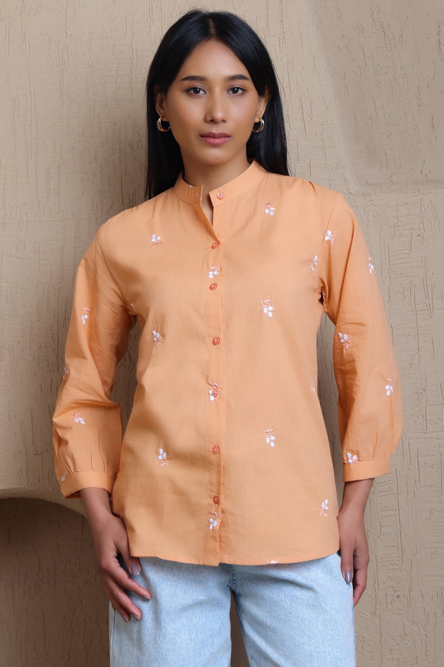 Floral Embroidered Cotton Button-Down Shirt - Meiala