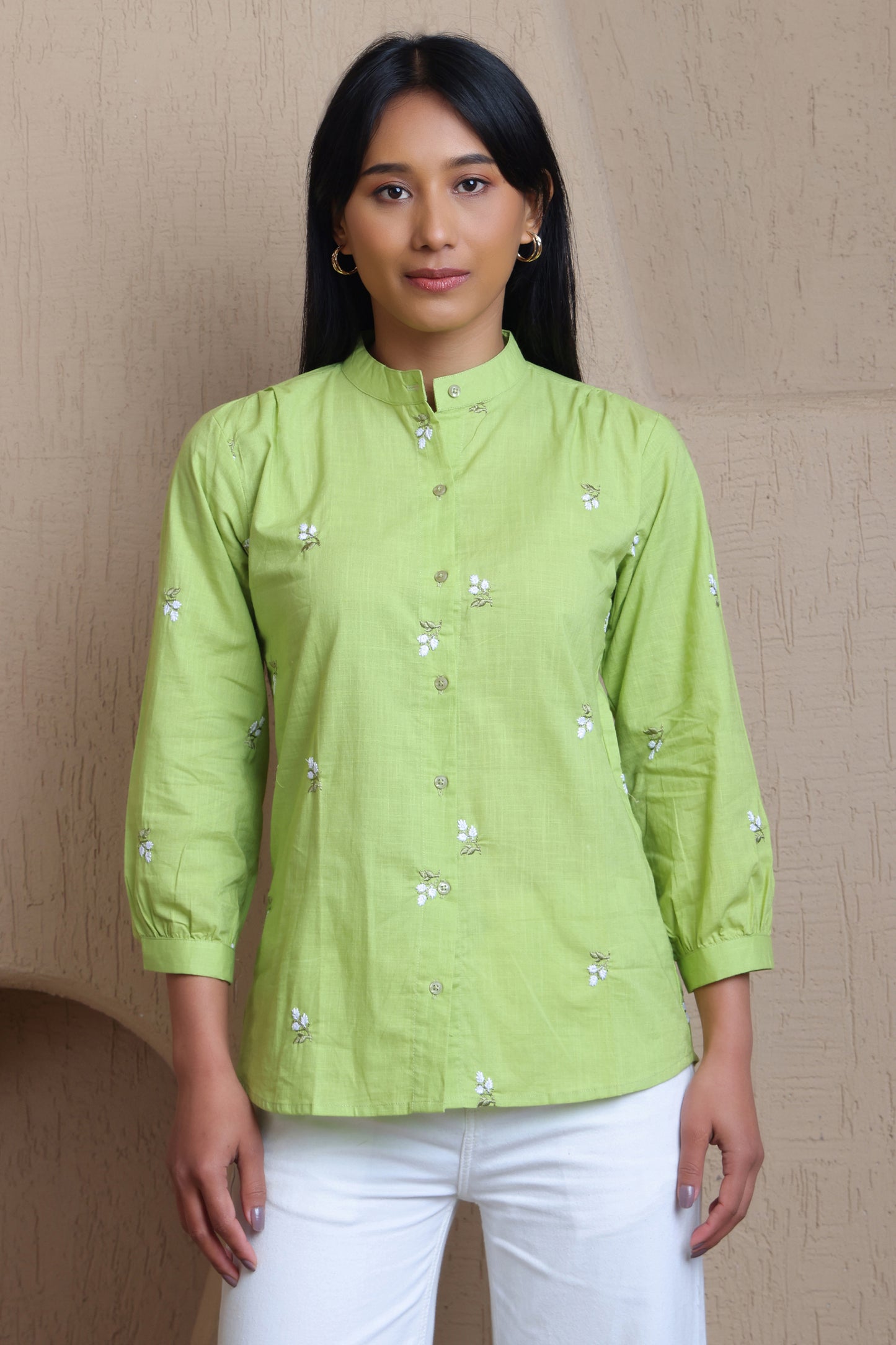Floral Embroidered Cotton Button-Down Shirt - Meiala