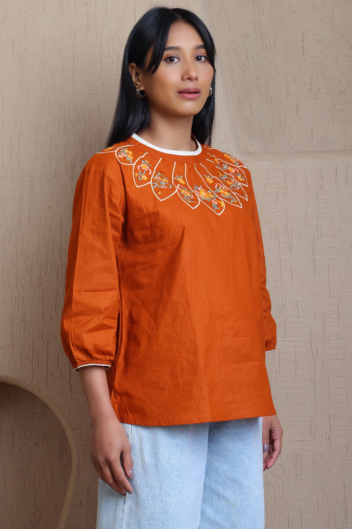 Floral Embroidered Back Button Top - Meiala