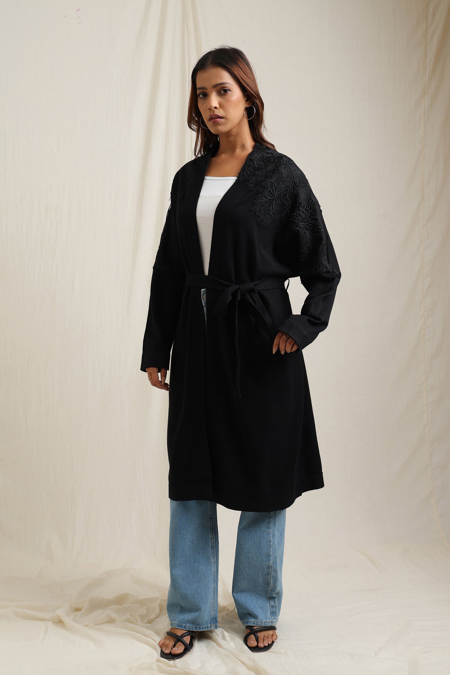 Front Open Knitted Shrug With Lace Accents - Meiala