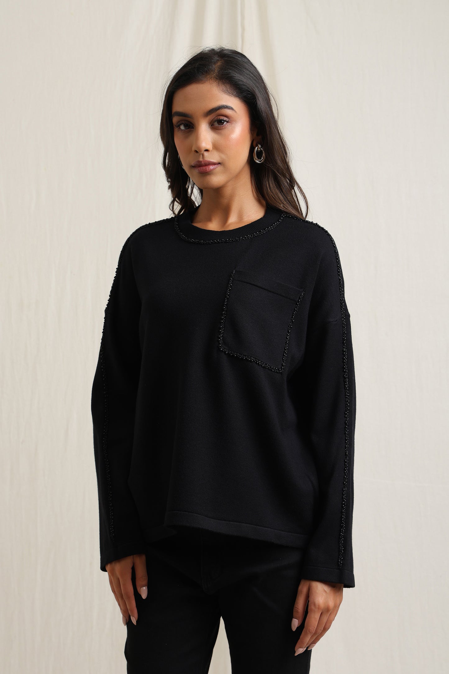 Beaded Trim Pocket Sweater - Meiala