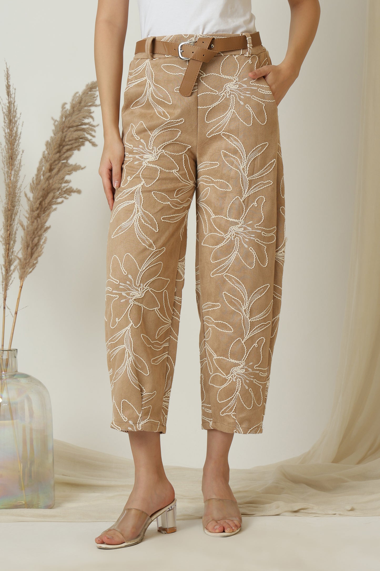 Embroidered Faux Suede Pants - Meiala
