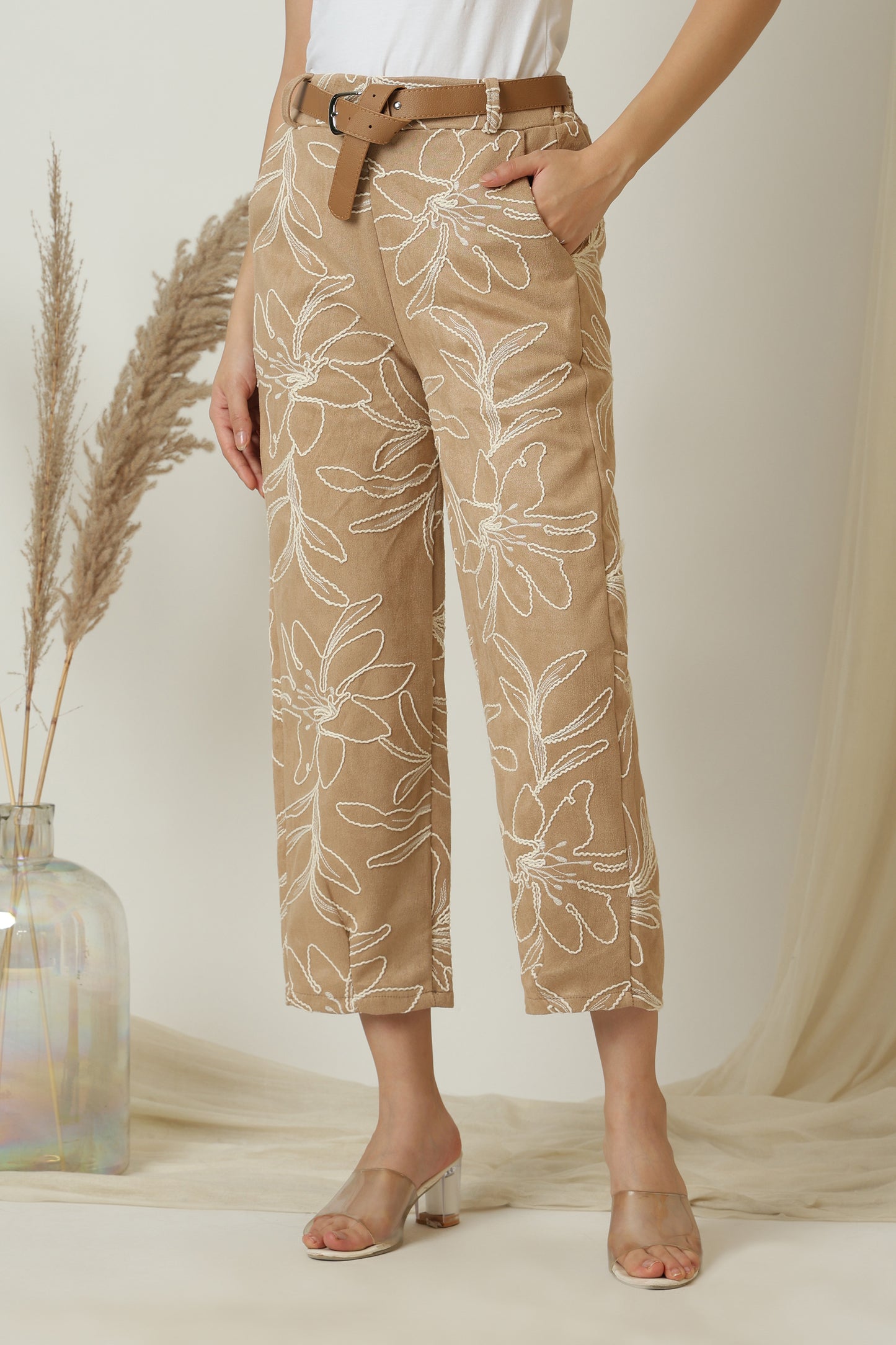 Embroidered Faux Suede Pants - Meiala