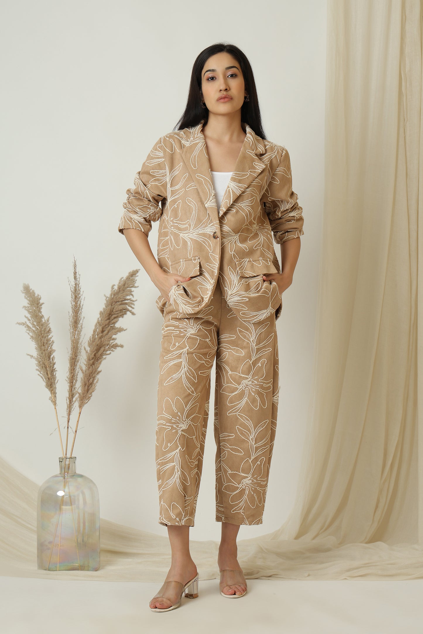 Embroidered Faux Suede Blazer Jacket - Meiala