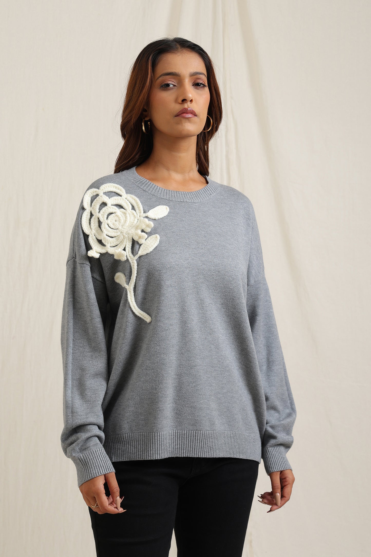 Sweater With 3D Floral Applique - Meiala