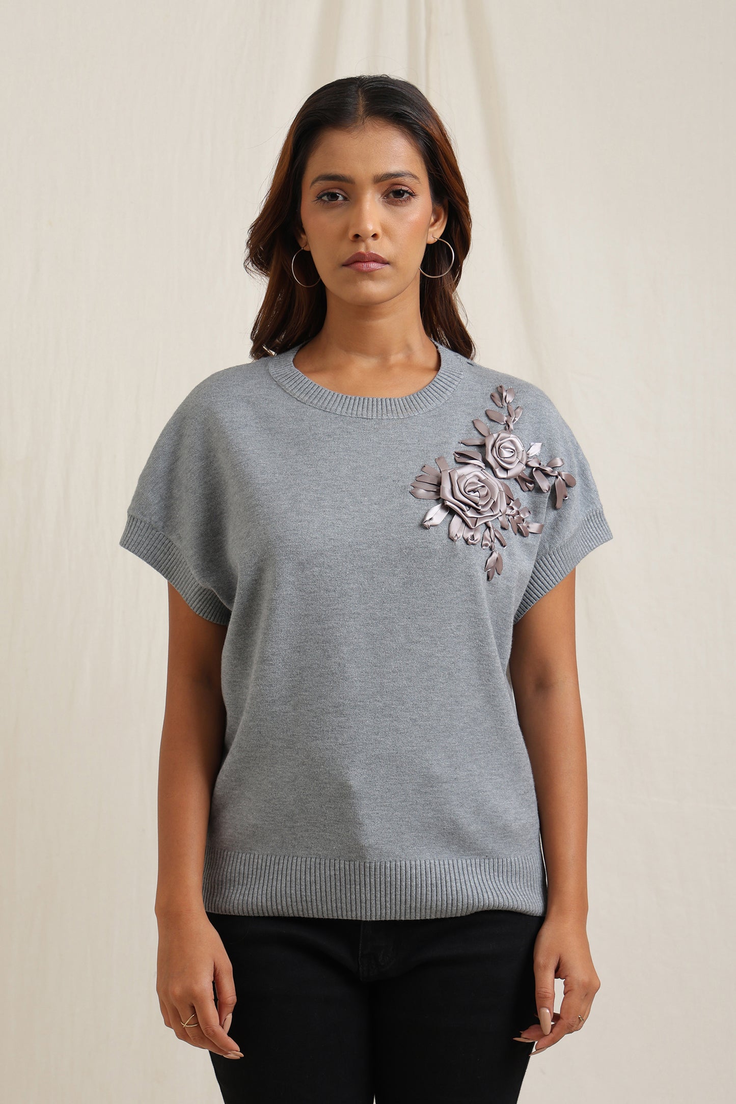 Sweater With Tonal Floral Embroidery - Meiala