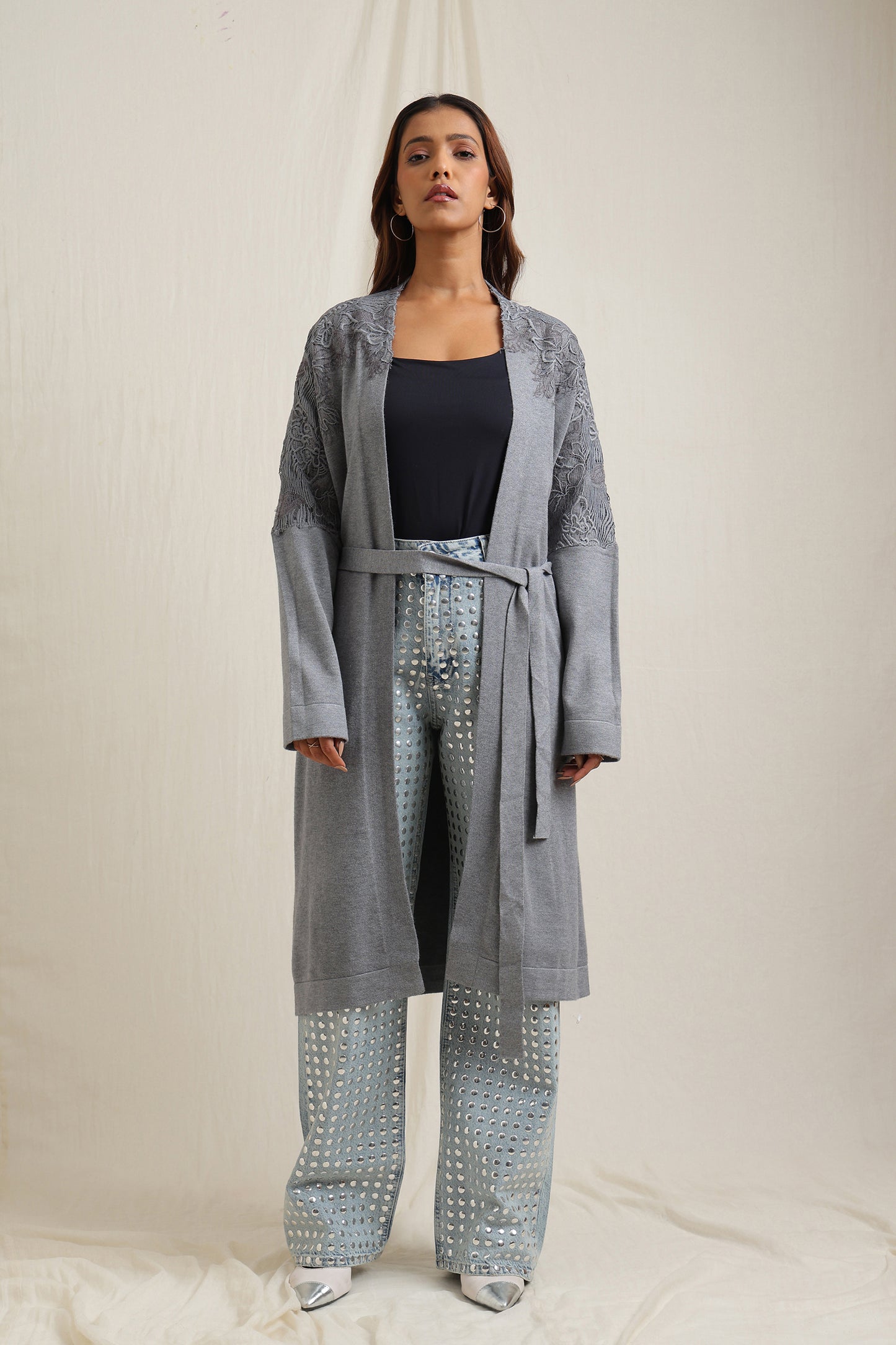 Front Open Knitted Shrug With Lace Accents - Meiala