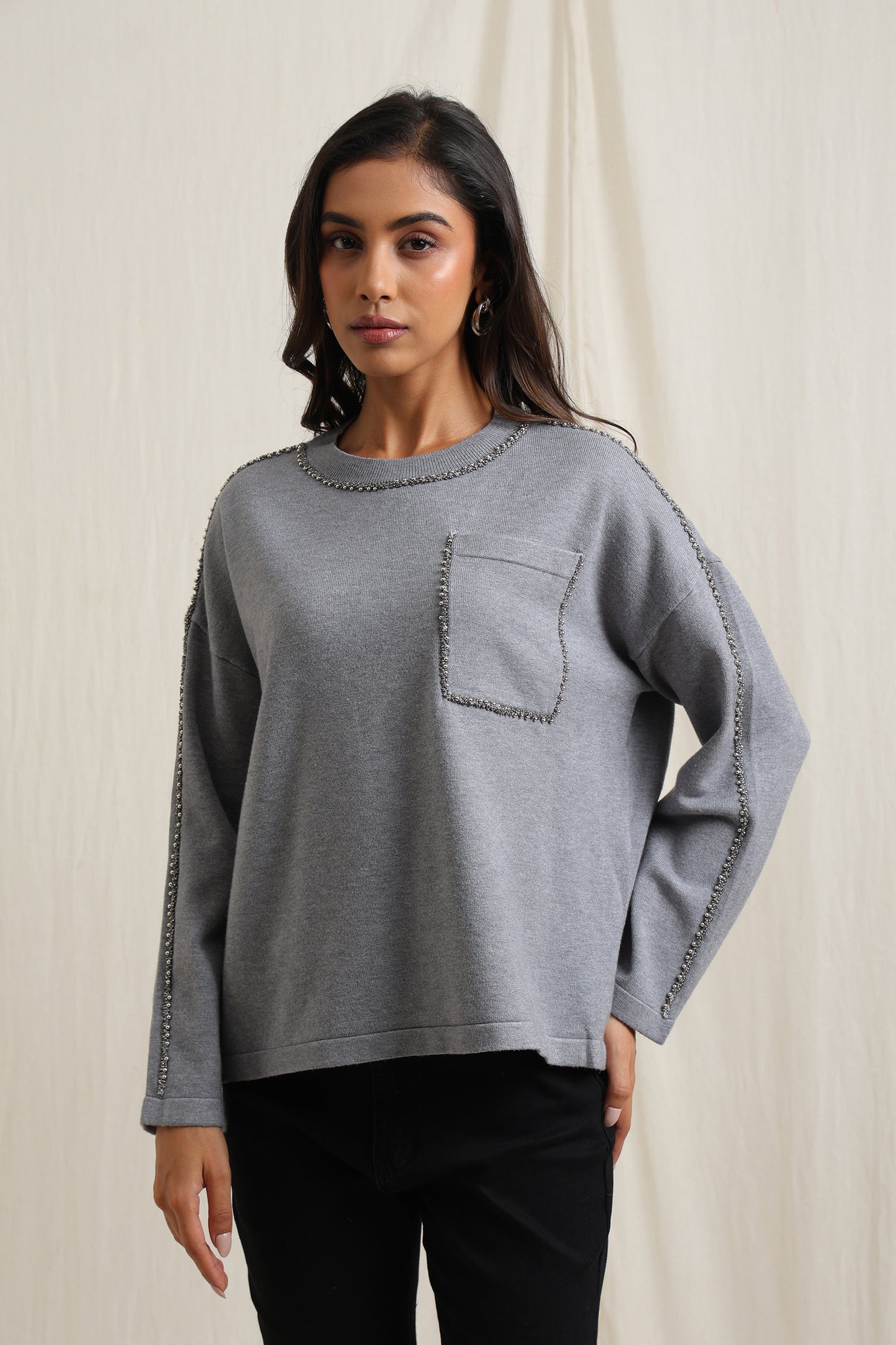 Beaded Trim Pocket Sweater - Meiala