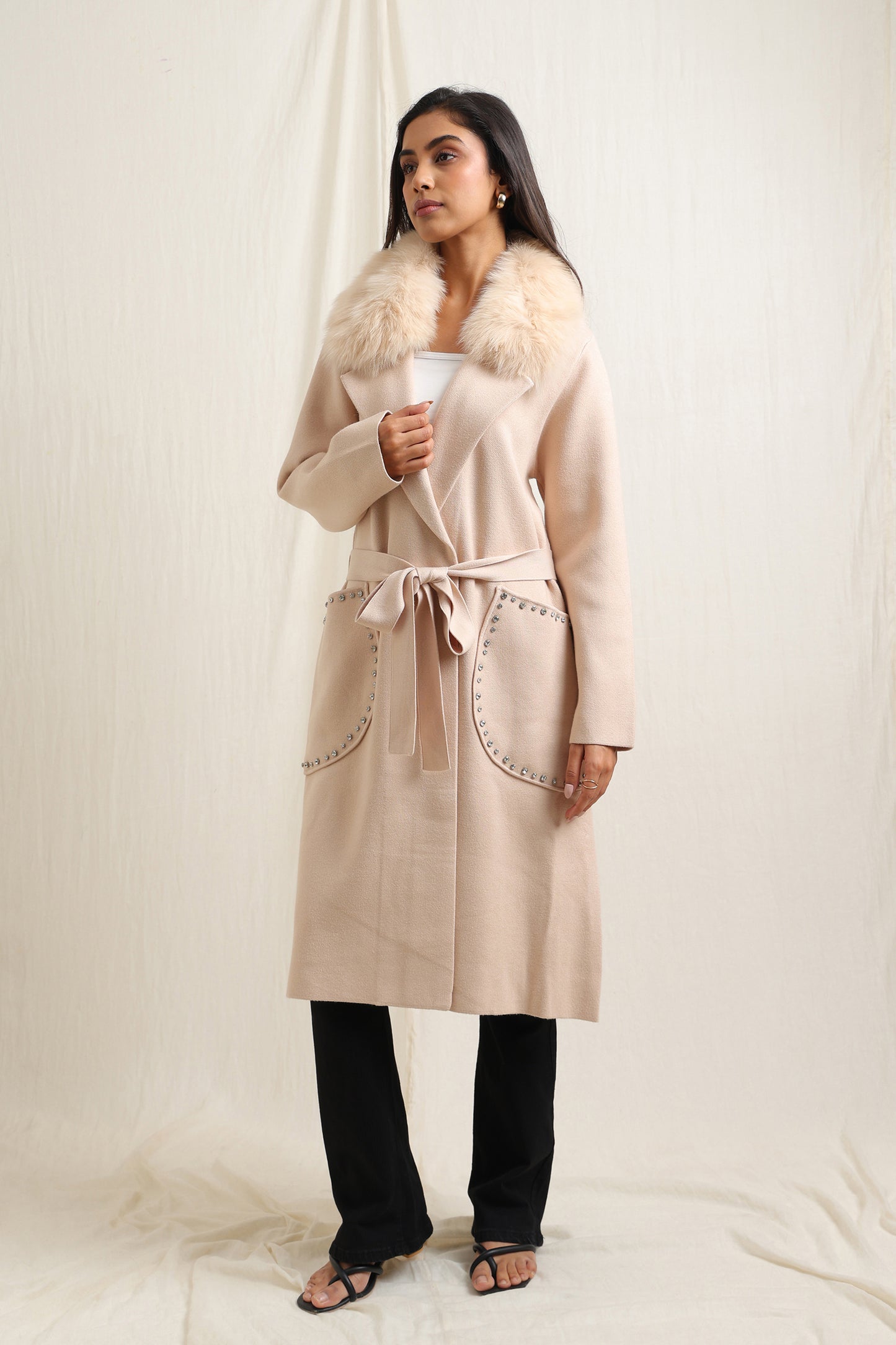 Fur Collar Wrap Coat - Meiala