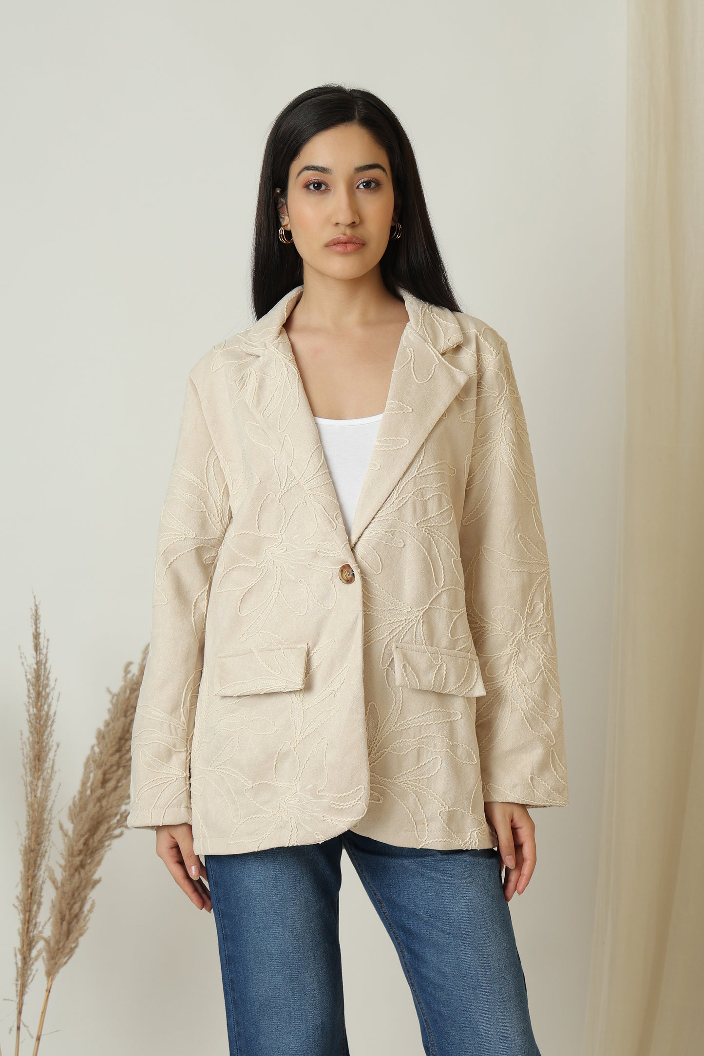 Embroidered Faux Suede Blazer Jacket - Meiala