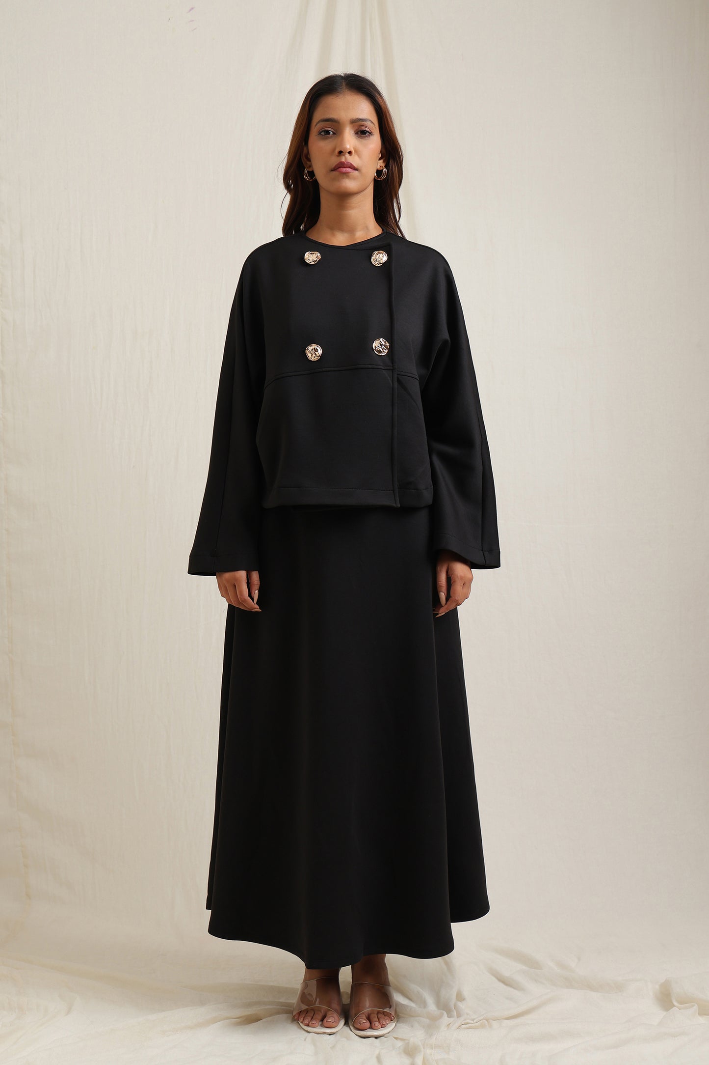 Batwing Sleeve Gold Buttoned Skirt Set - Meiala