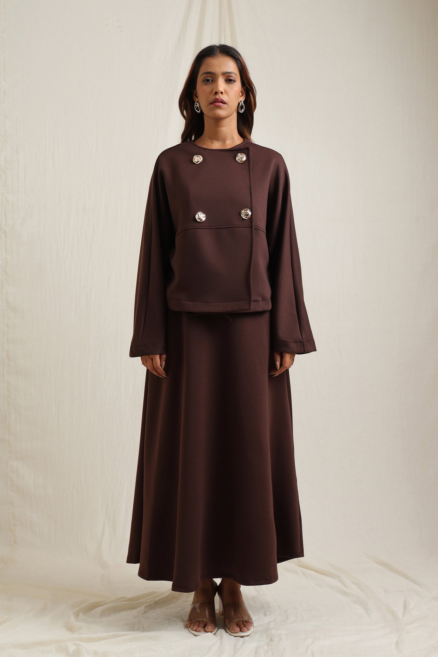 Batwing Sleeve Gold Buttoned Skirt Set - Meiala