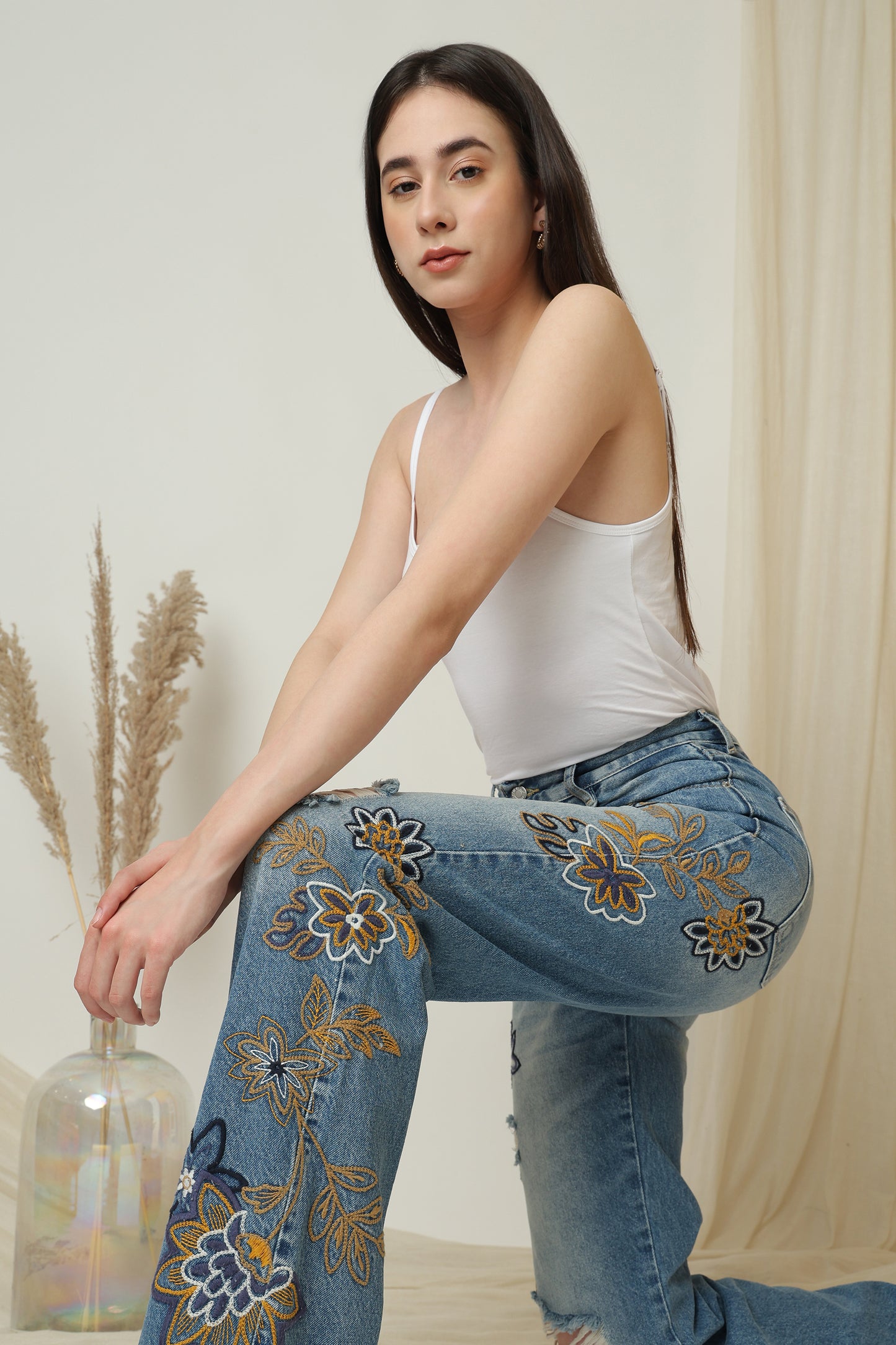 Floral Pattern Rippeded Loose Fit Jeans - Meiala