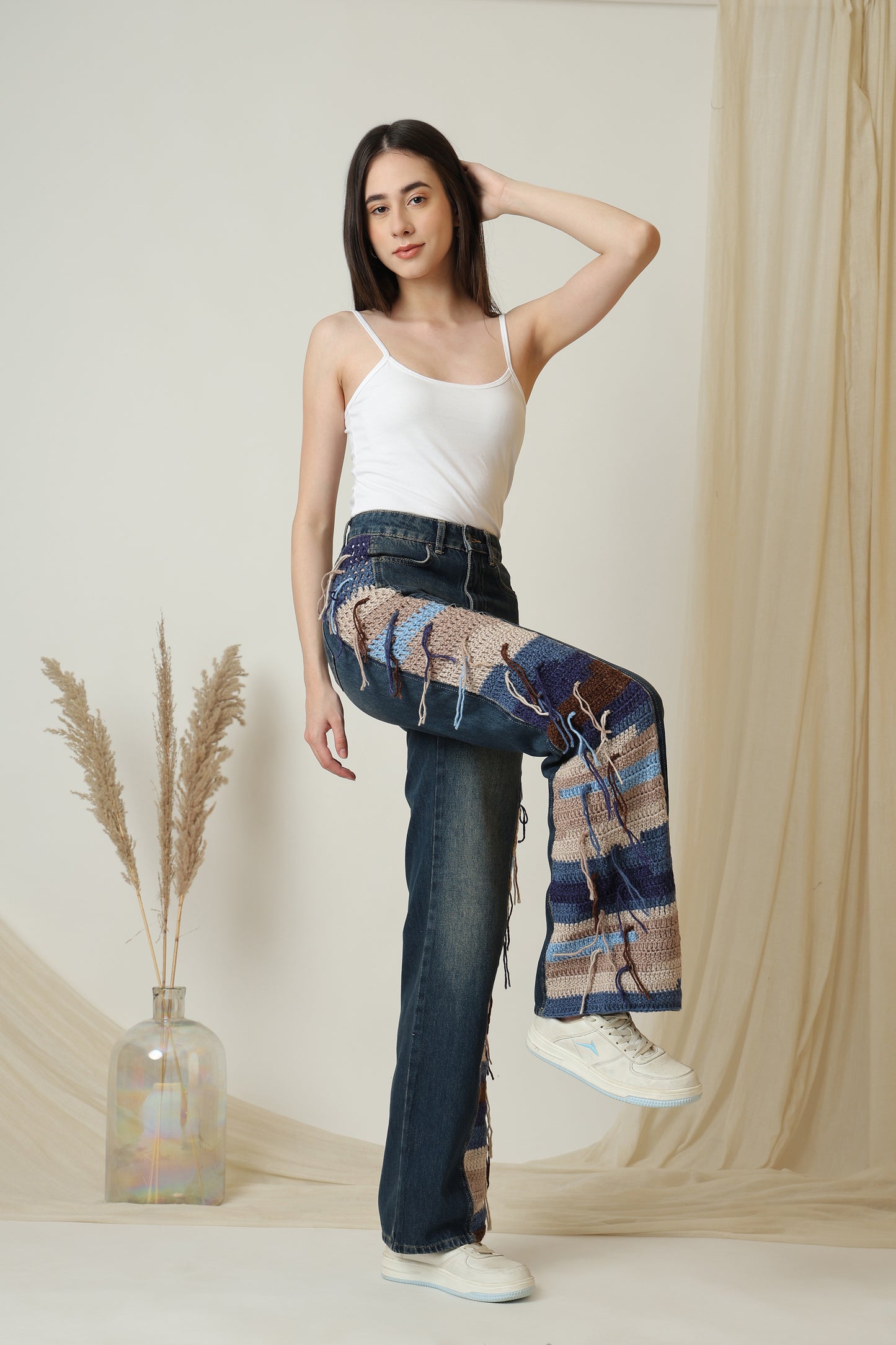 Palazzo Fit Ethnic Knitted Detailed Jeans - Meiala