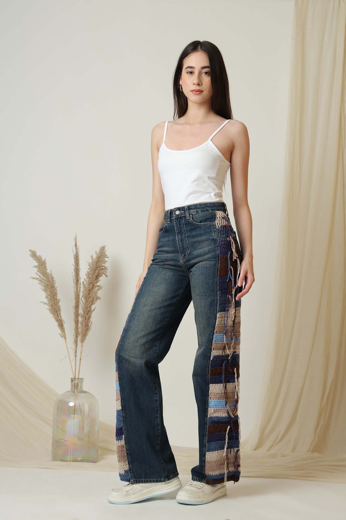 Palazzo Fit Ethnic Knitted Detailed Jeans - Meiala