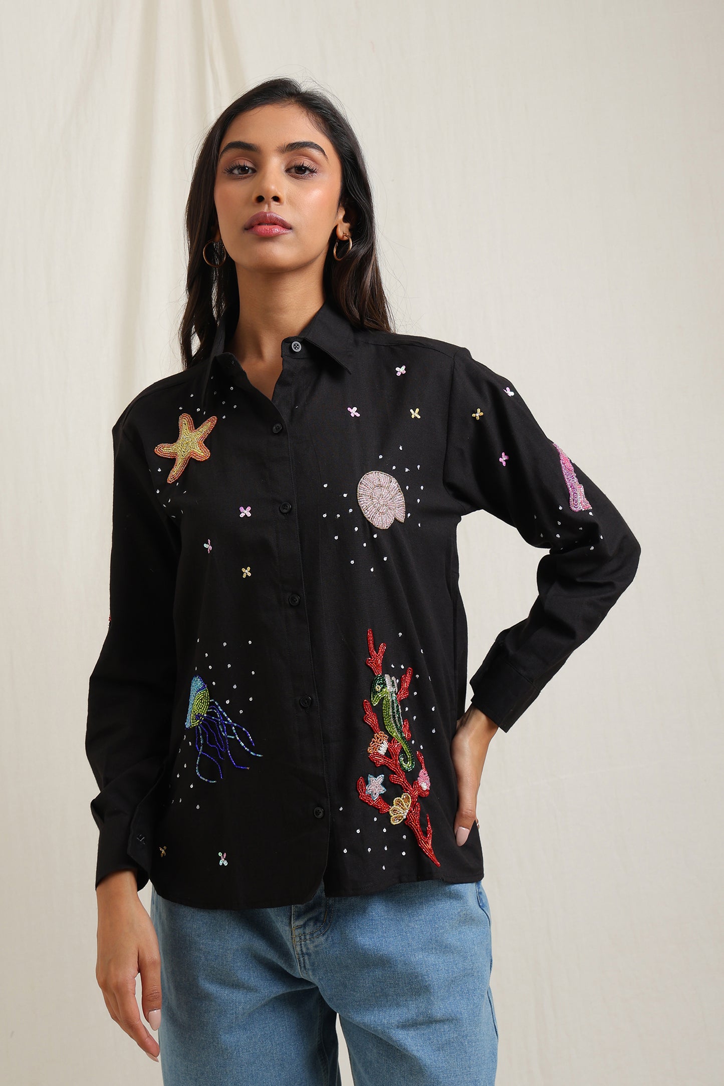 Sea Life Beaded Black Shirt - Meiala