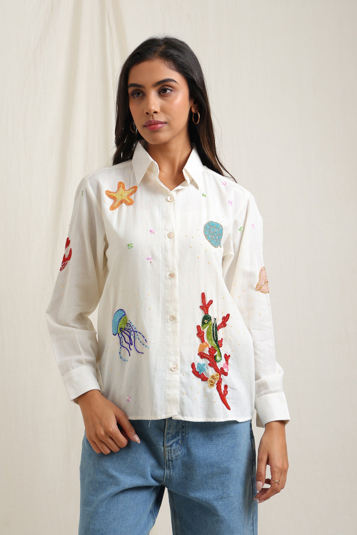 Sea Life Beaded White Shirt - Meiala