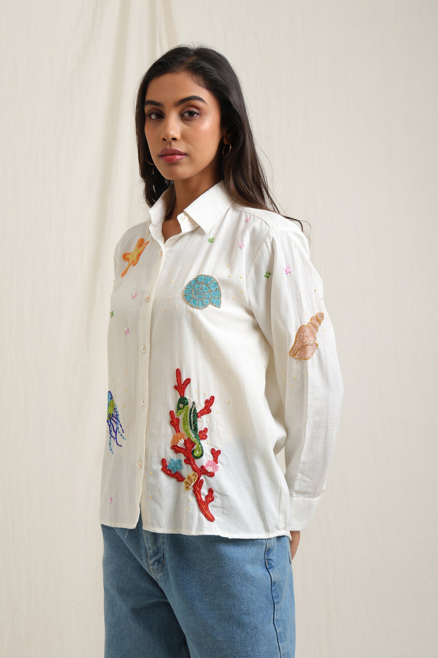 Sea Life Beaded White Shirt - Meiala