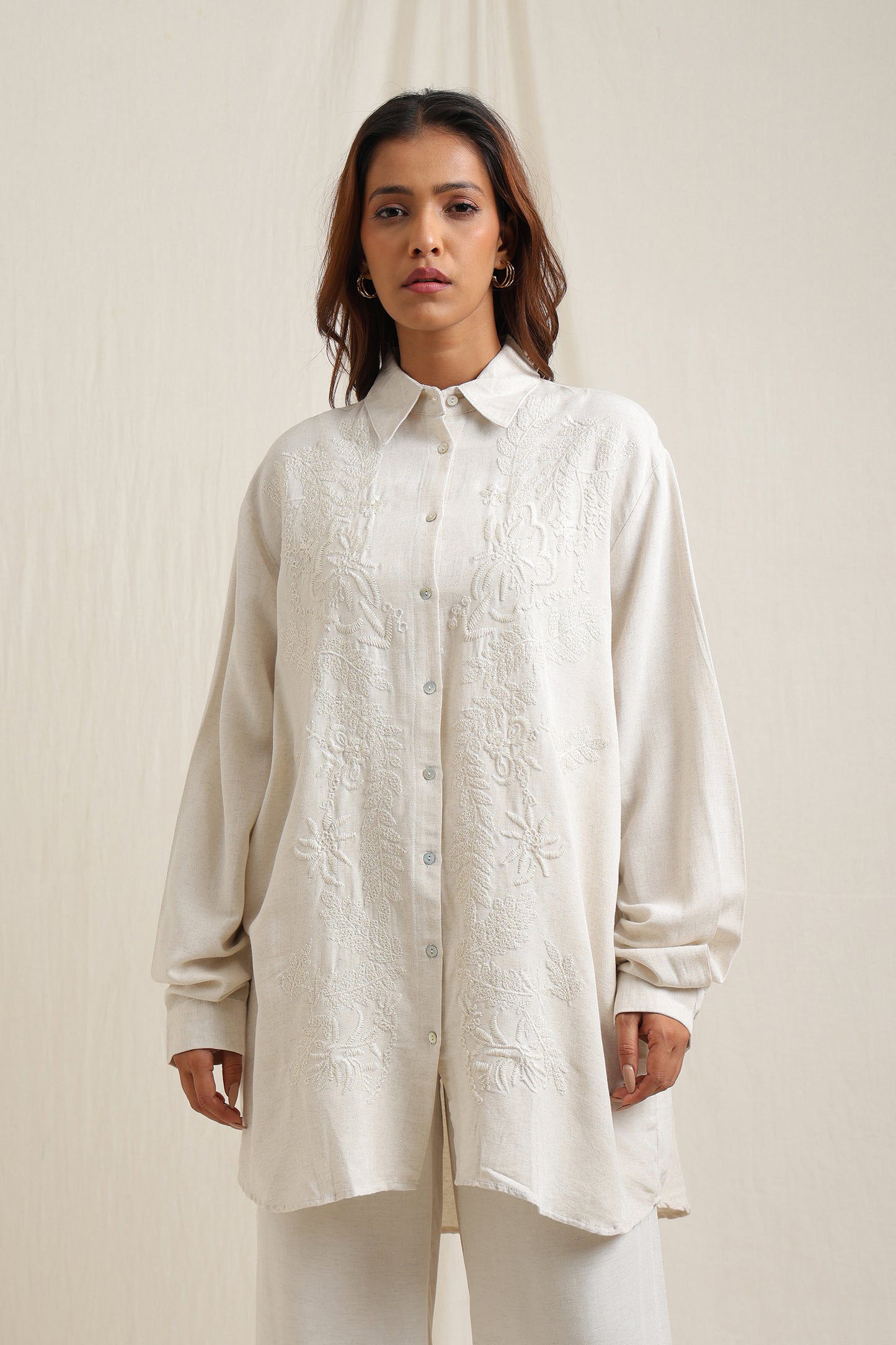 Tone On Tone Embroidery Shirt - Meiala