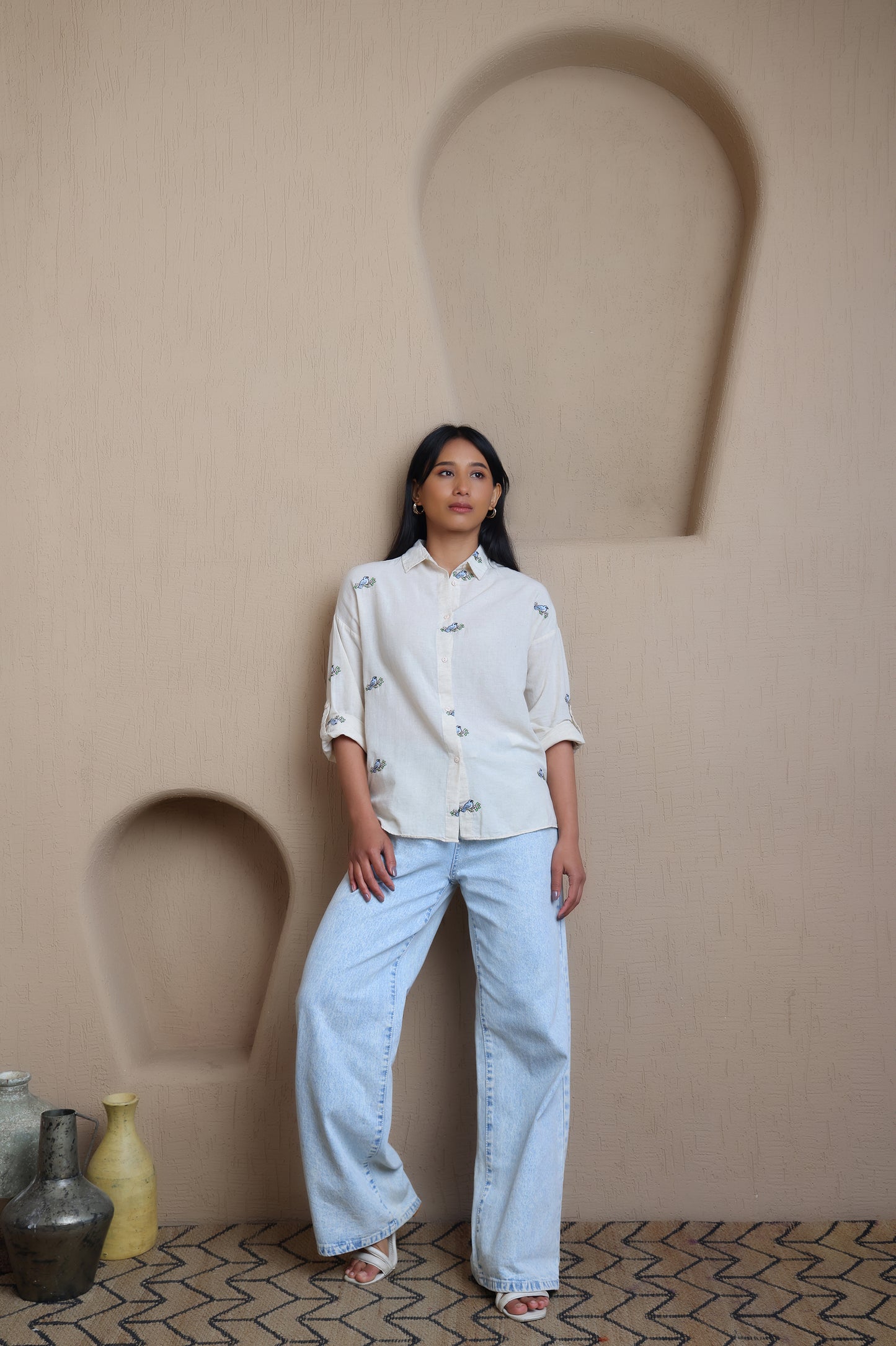 Shirt With Birds Embroidery - Meiala