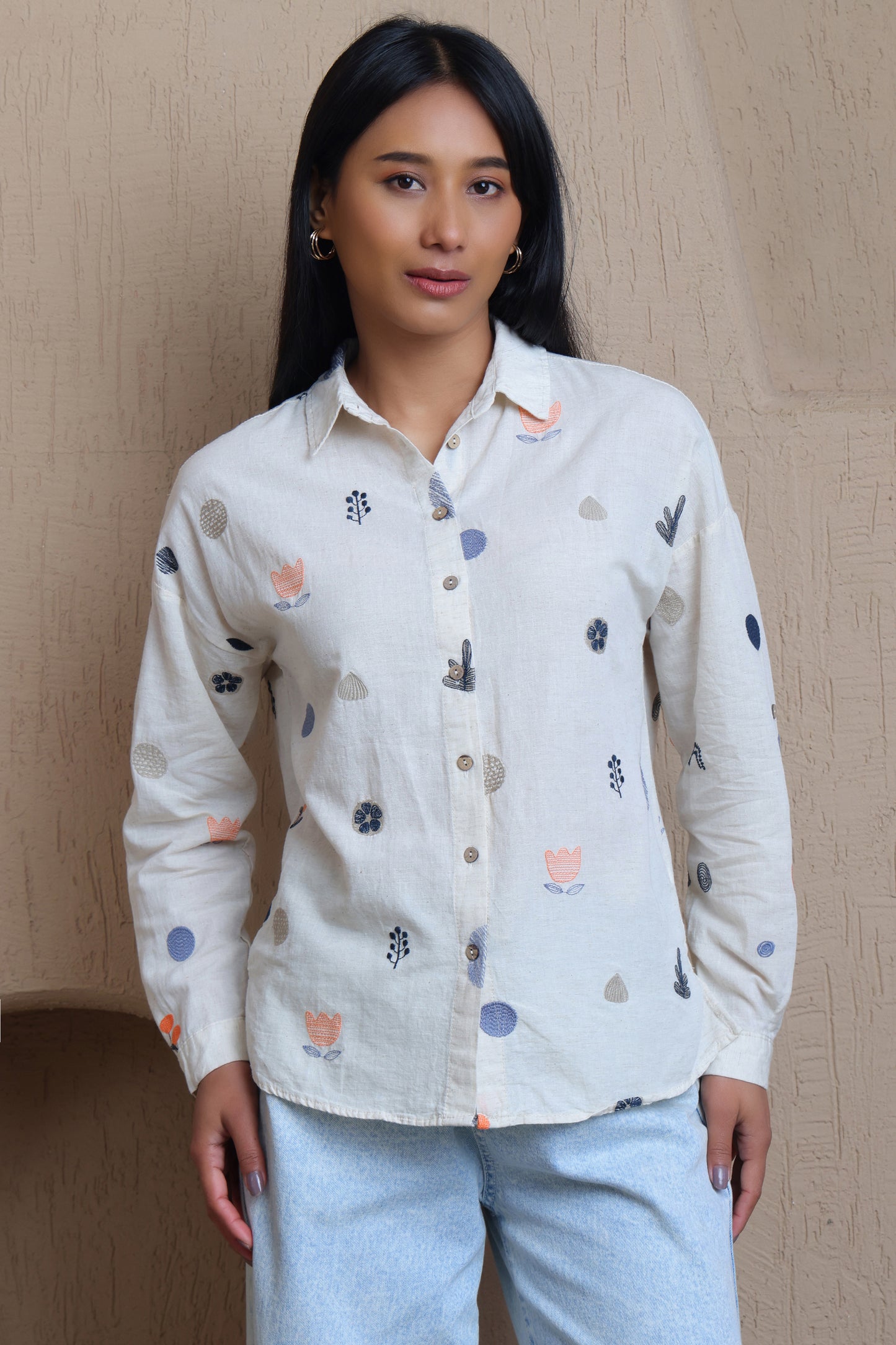 Full Sleeves Button Down Floral Embroidery Shirt - Meiala