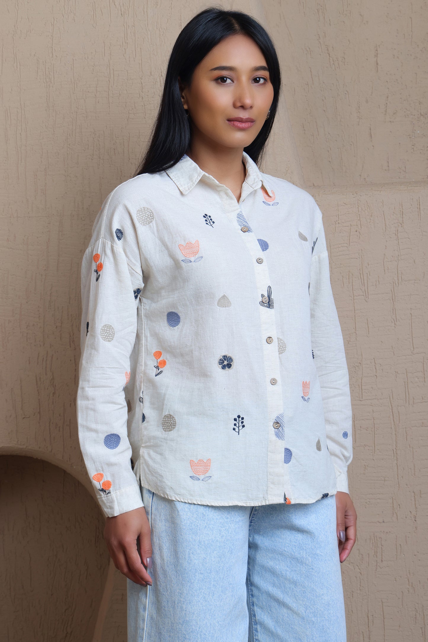 Full Sleeves Button Down Floral Embroidery Shirt - Meiala