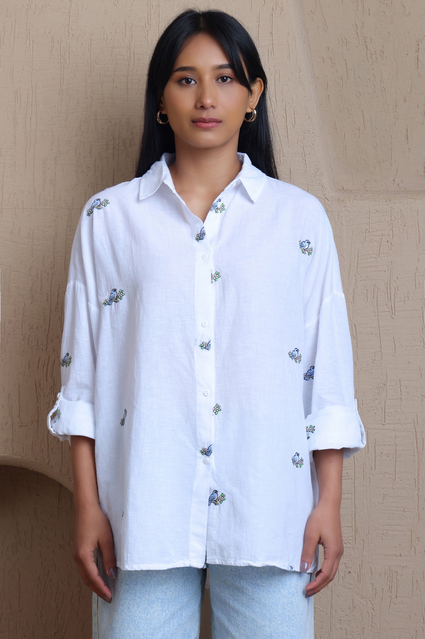 Button Down Shirt With Birds Embroidery - Meiala