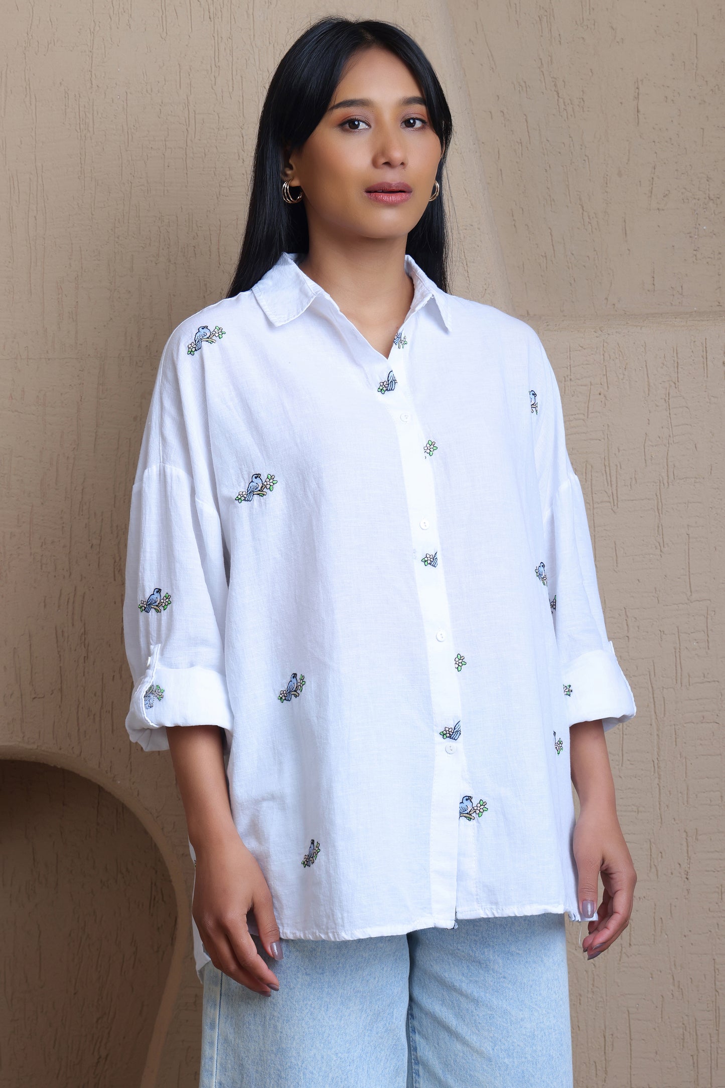 Full Sleeves Shirt With Birds Embroidery - Meiala