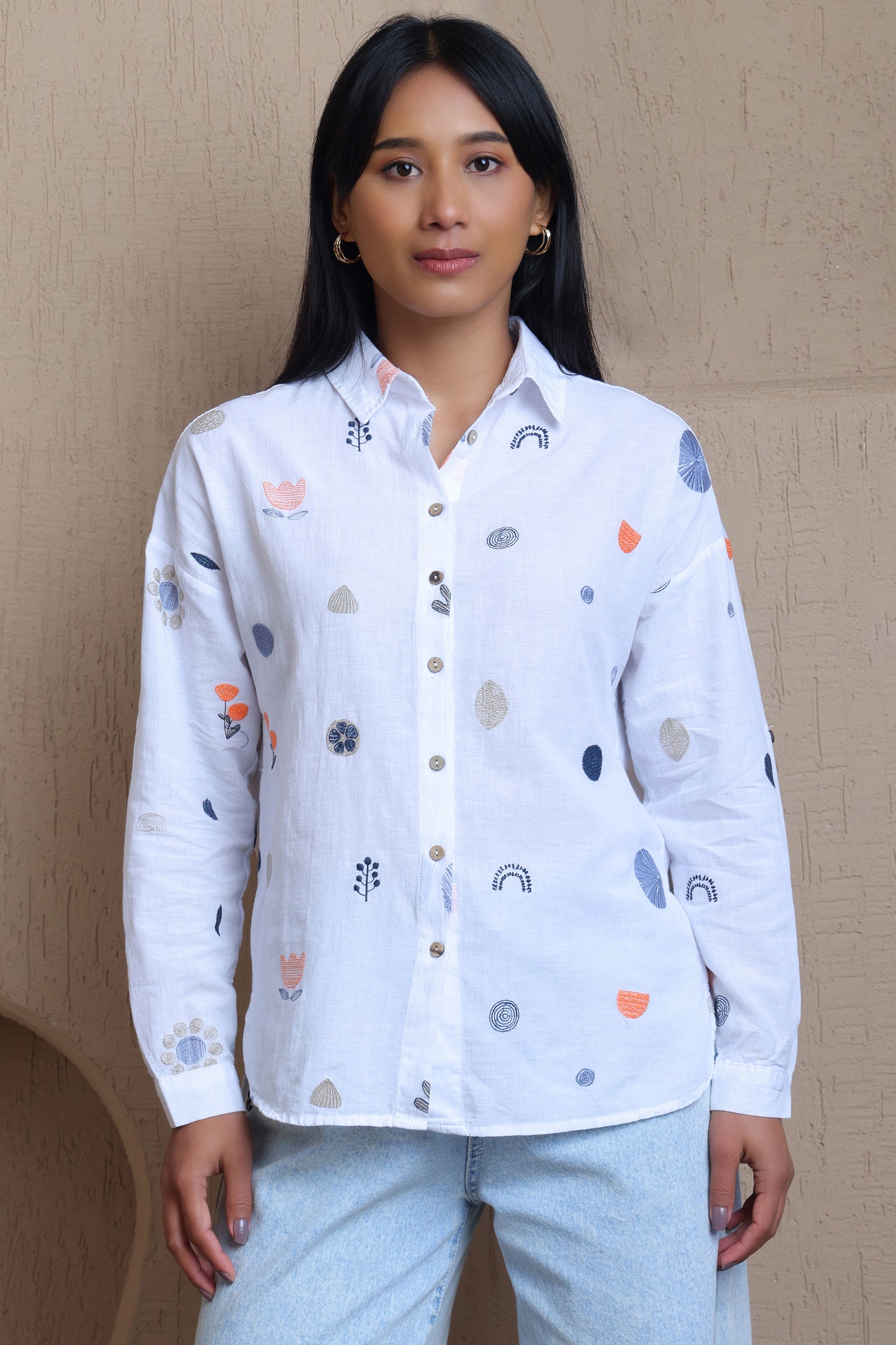 Full Sleeves Floral Embroidery Shirt - Meiala