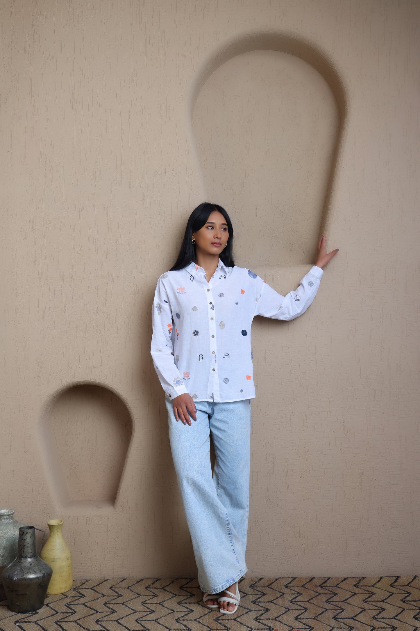 Full Sleeves Floral Embroidery Shirt - Meiala