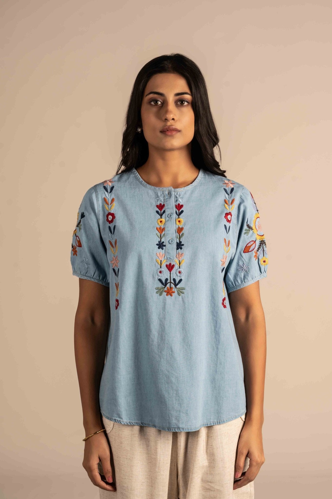 Button down top with floral embroidery - Meiala Official