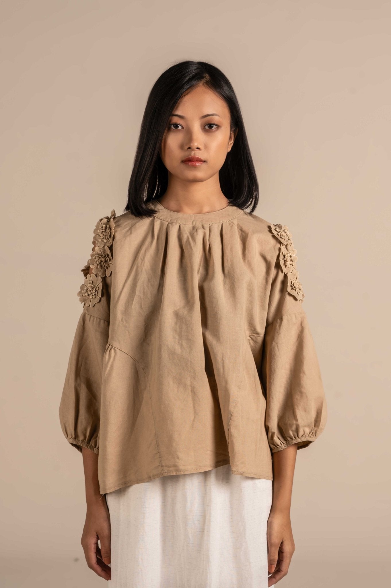 Cold - shoulder top with 3D floral applique and bead detailing - Meiala Official