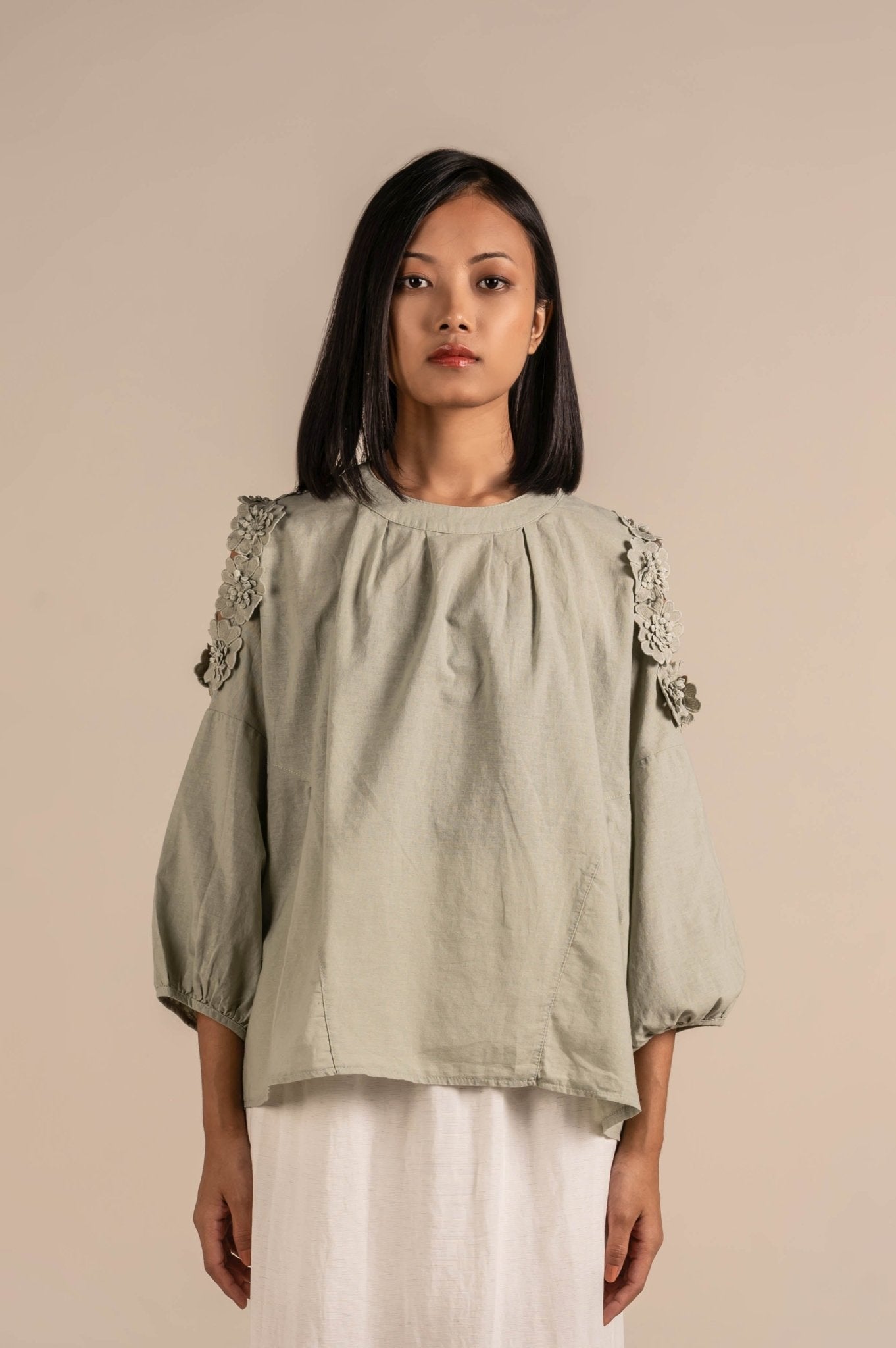 Cold - shoulder top with 3D floral applique and bead detailing - Meiala Official