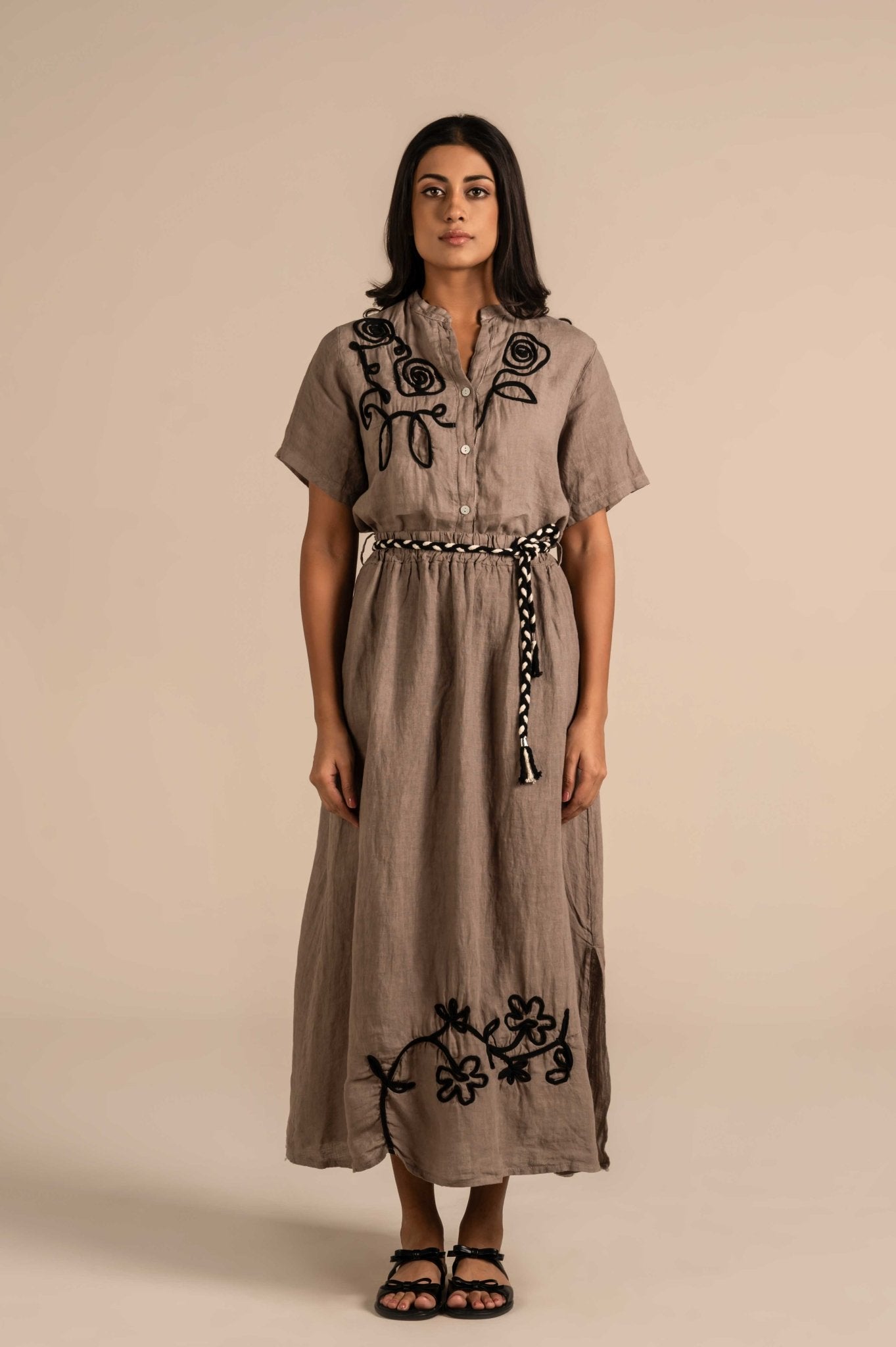 Embroidered linen skirt with contrast drawstring - Meiala Official