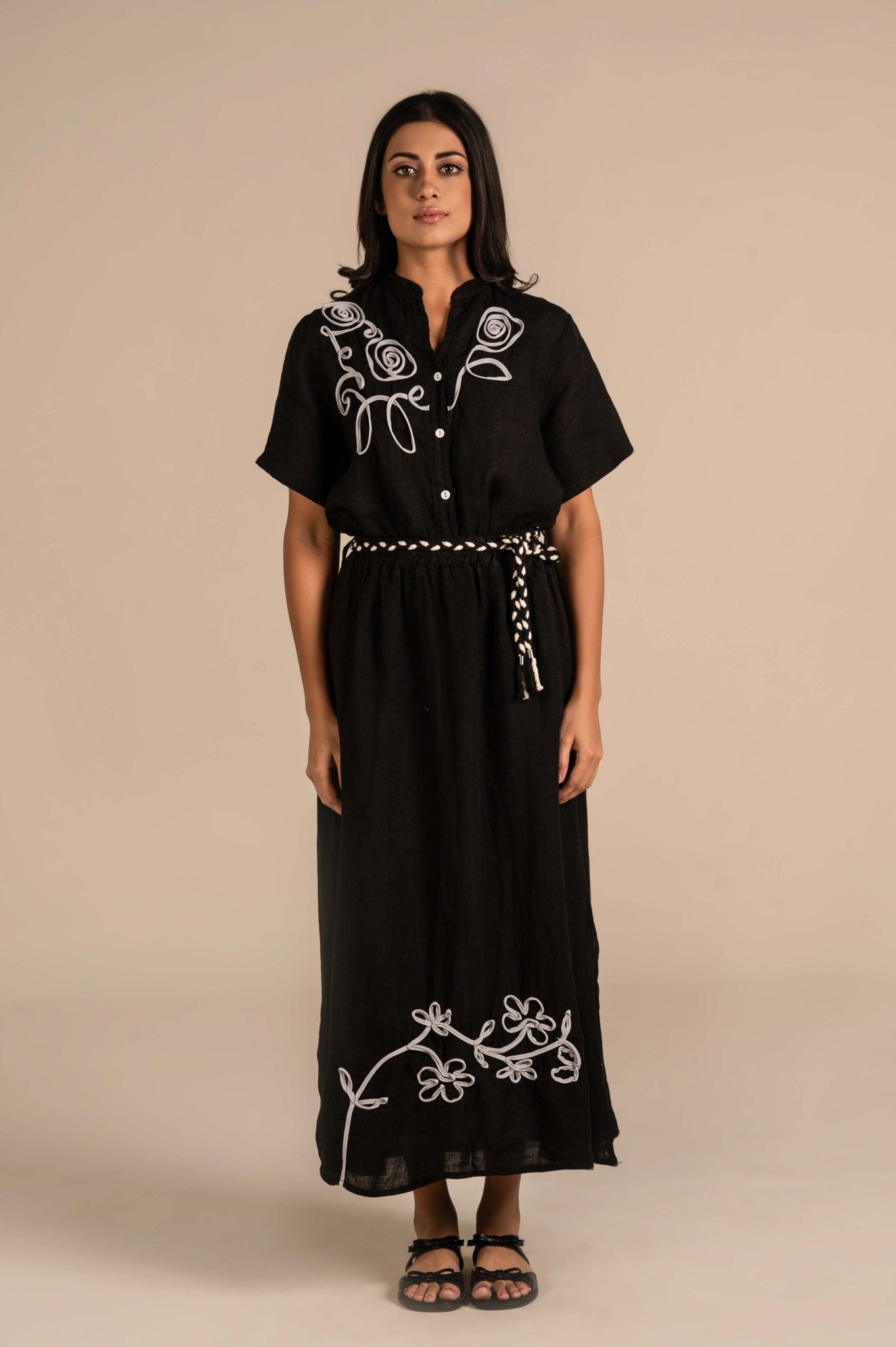 Embroidered linen skirt with contrast drawstring - Meiala Official