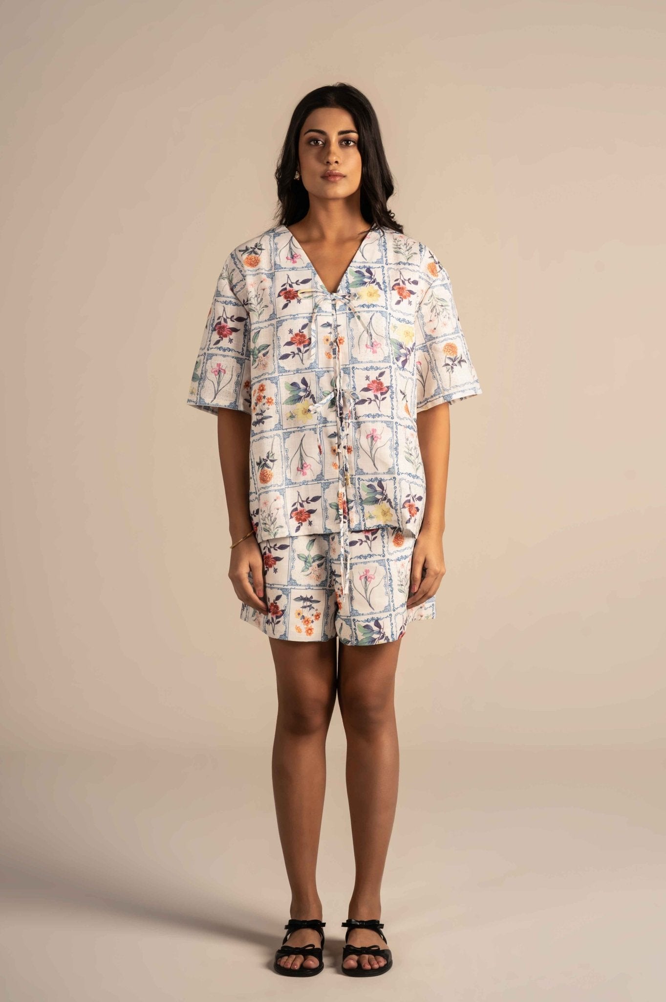 Floral print co - ord set with a playful grid pattern - Meiala Official