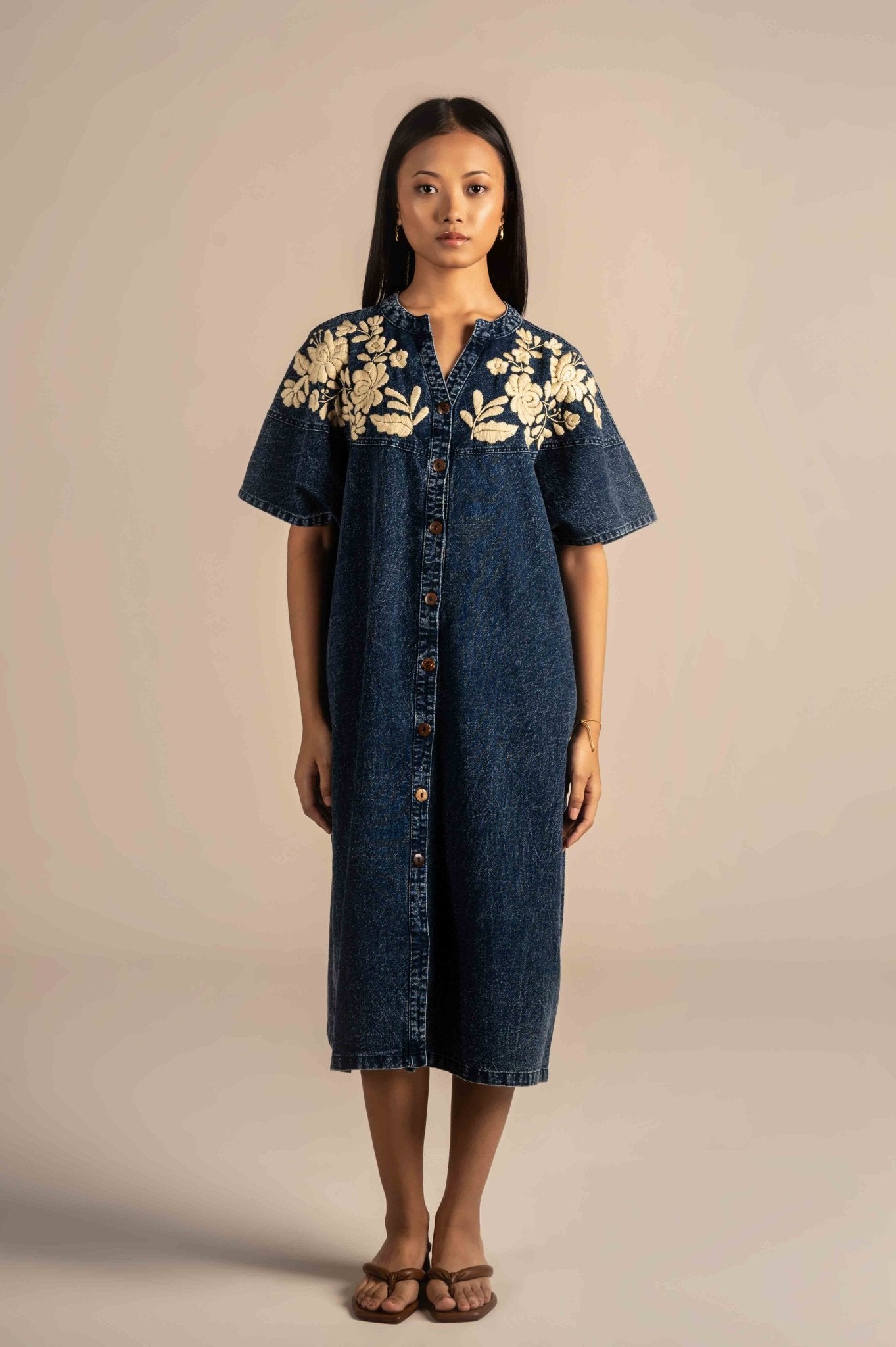 Half sleeves denim dress with white floral embroidery on the neckline - Meiala Official