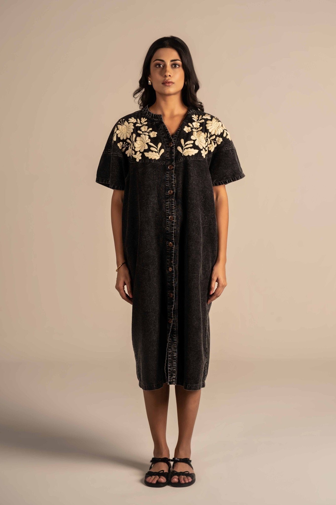 Half sleeves denim dress with white floral embroidery on the neckline - Meiala Official
