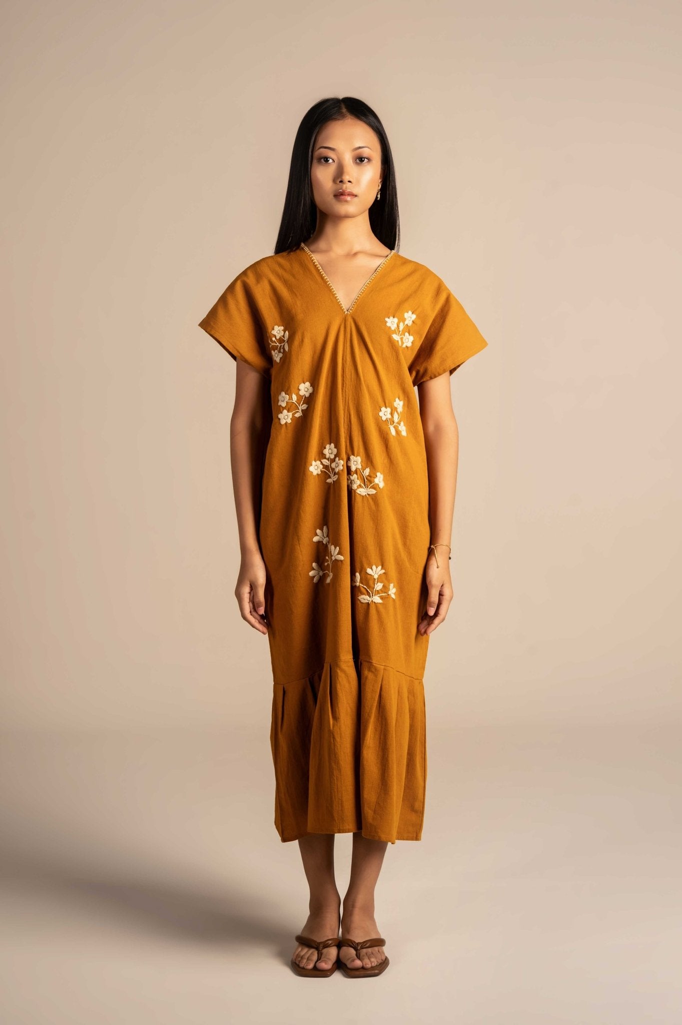 Half sleeves dress with white floral embroidery detailing - Meiala Official