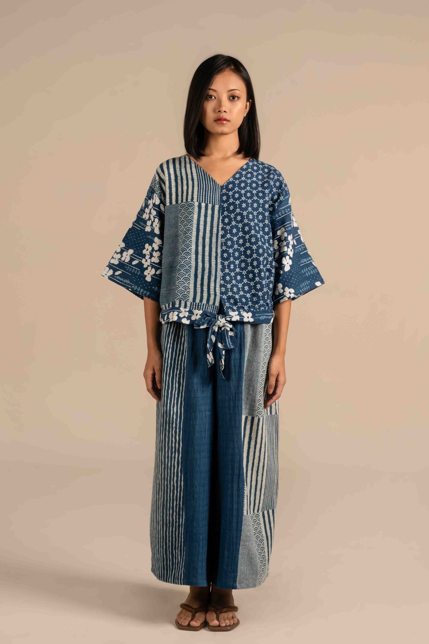 Half sleeves indigo dye top with drawstrings - Meiala Official