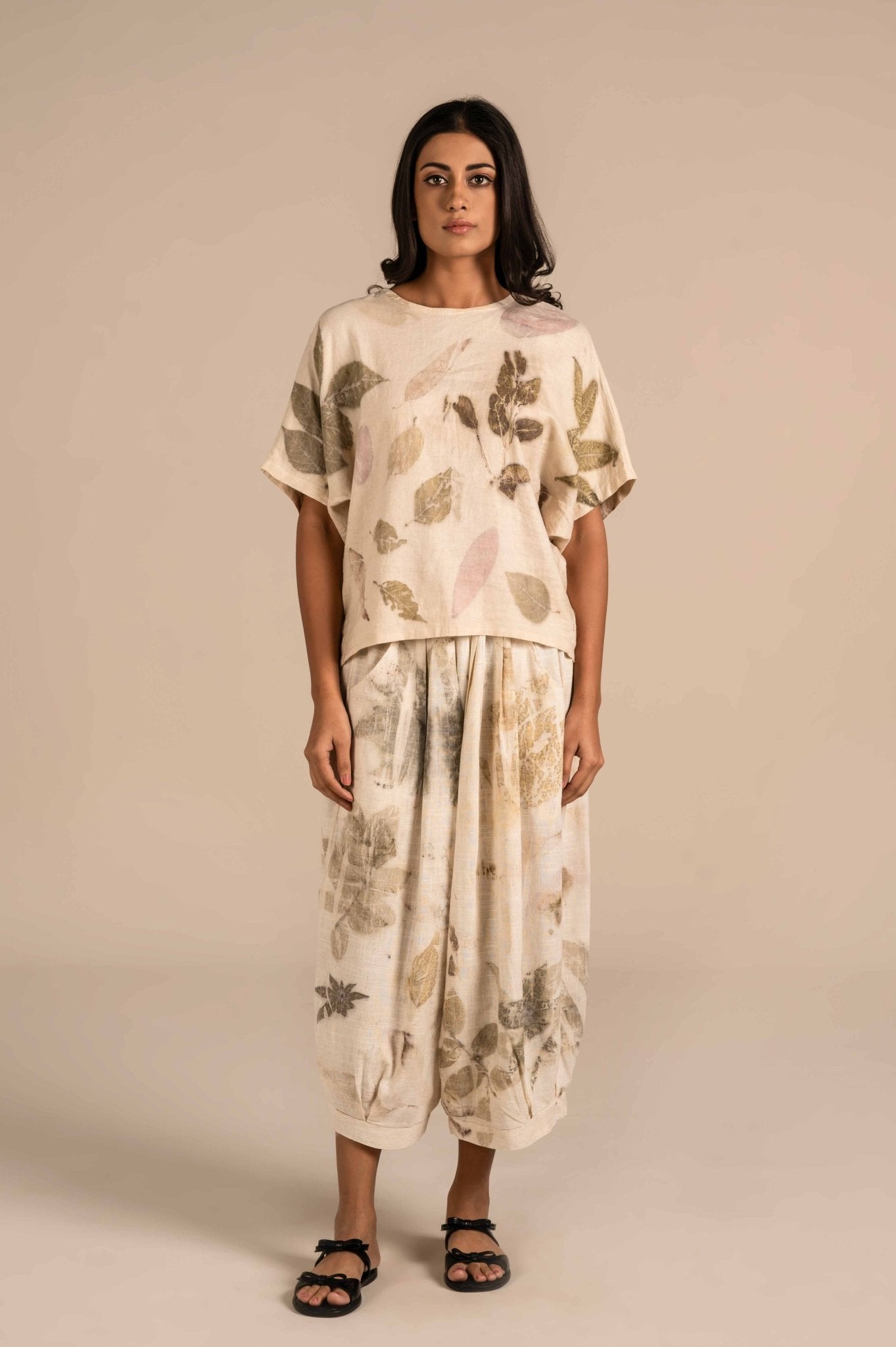 Half sleeves leaf hammered linen top - Meiala Official