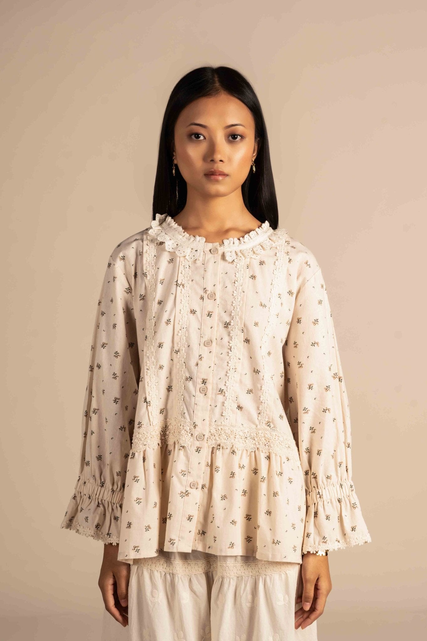 Micro Floral embroidered shirt with lace detailing - Meiala Official