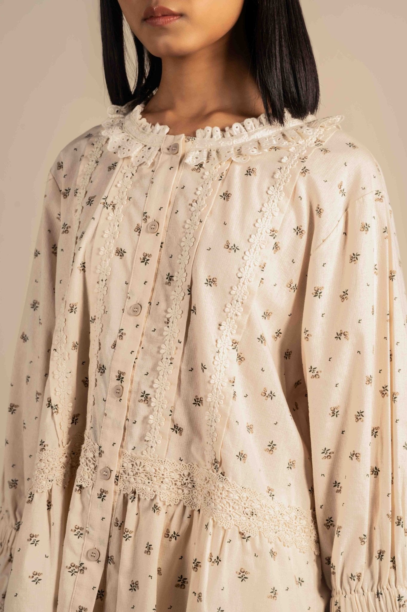 Micro Floral embroidered shirt with lace detailing - Meiala Official