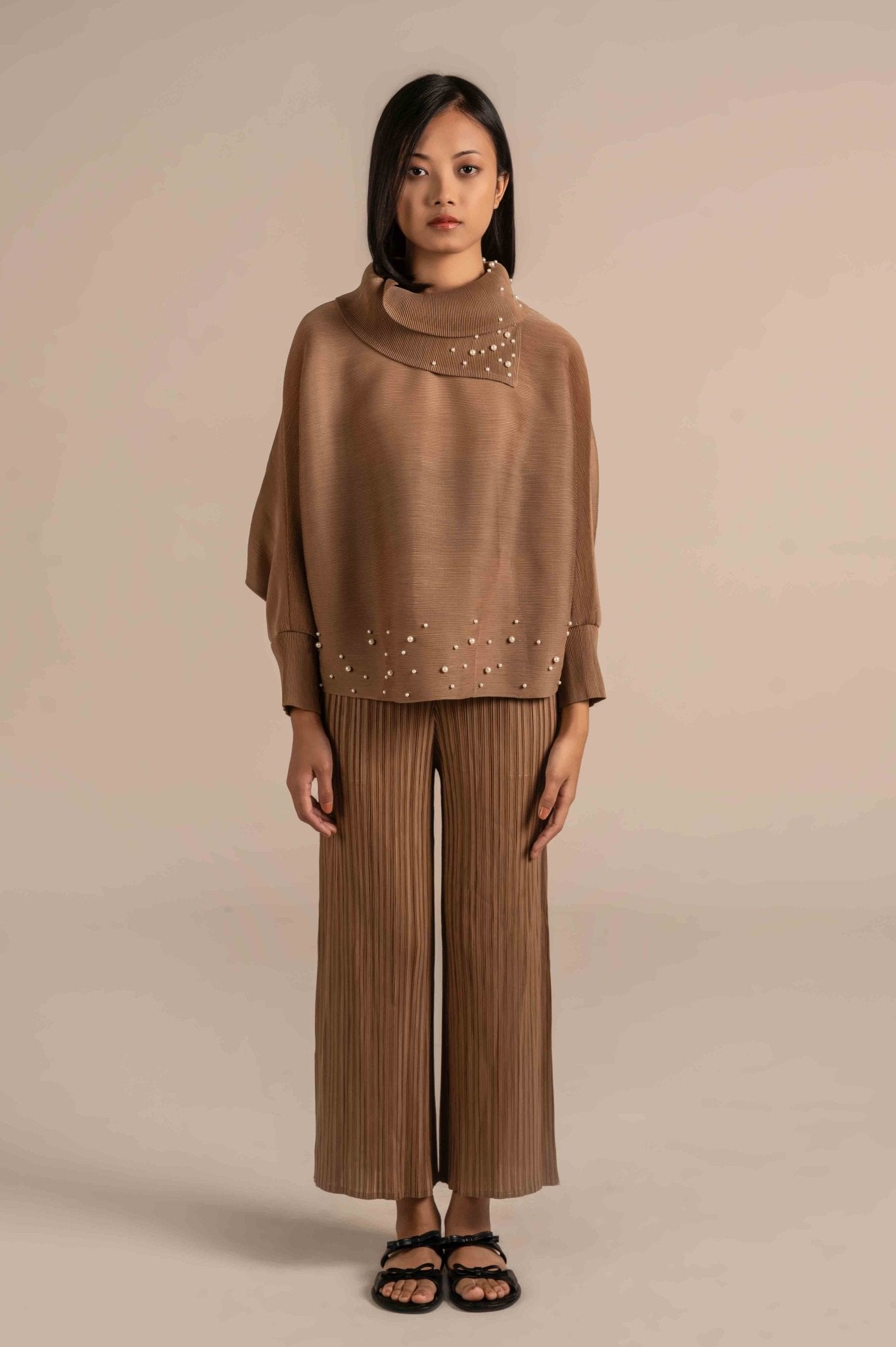 Pleated Co - ord Set With Pearl Detailing - Meiala Official