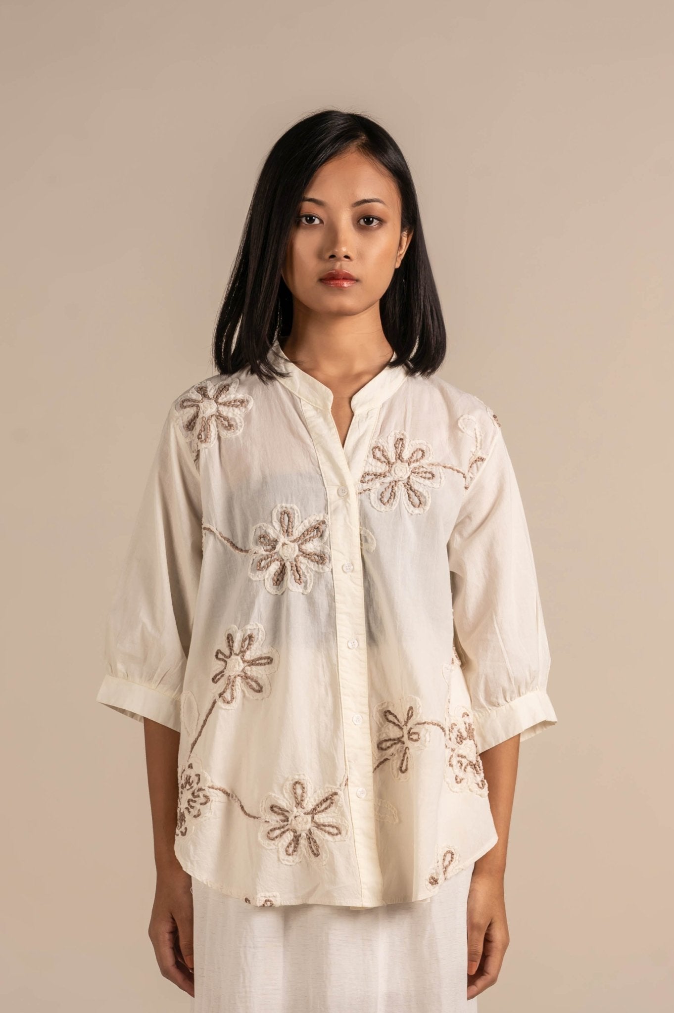 Shirt With Macro Flowers Embroidery - Meiala Official