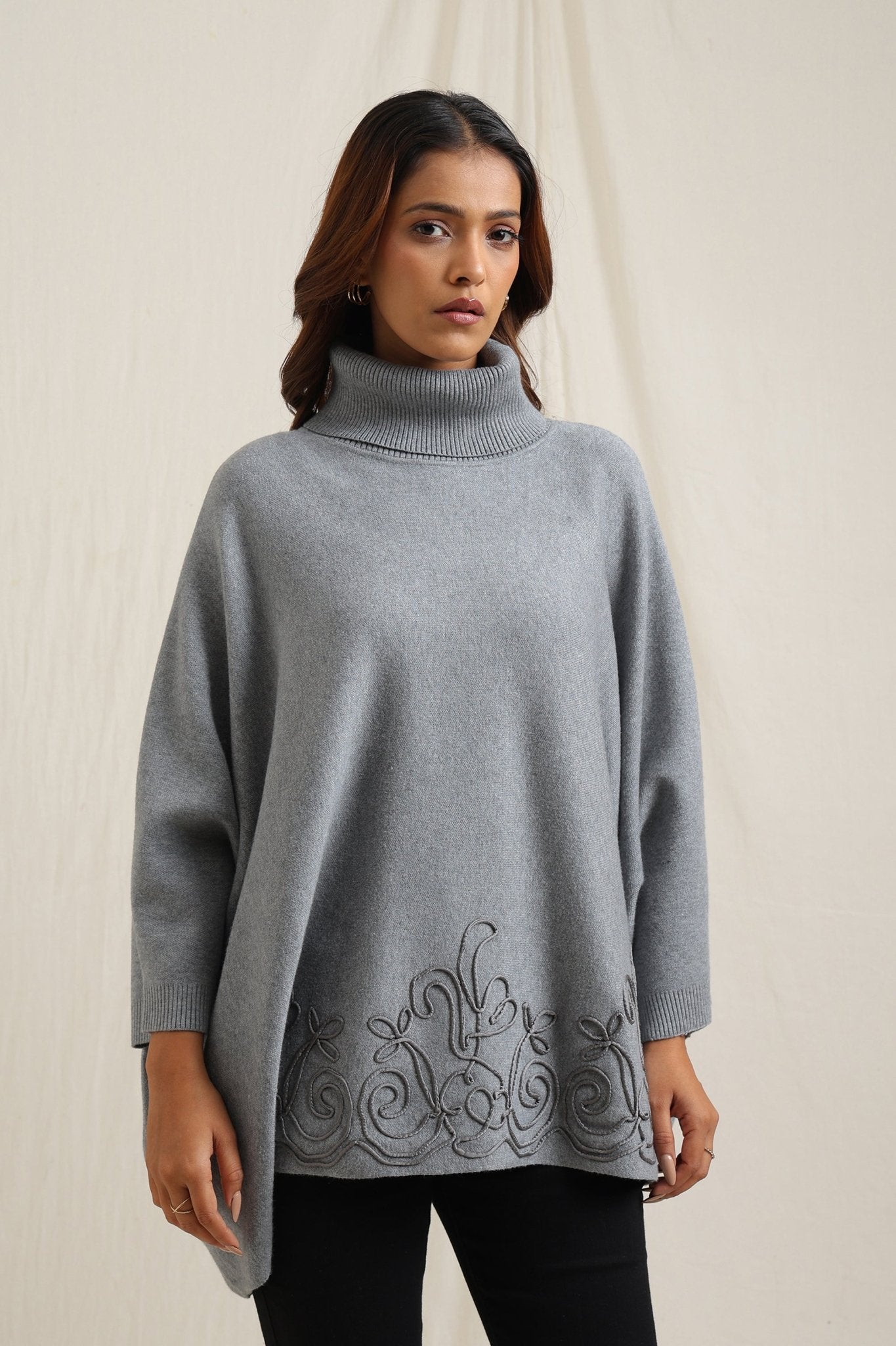Turtle Neck Sweater With Hem Embroidery - Meiala Official