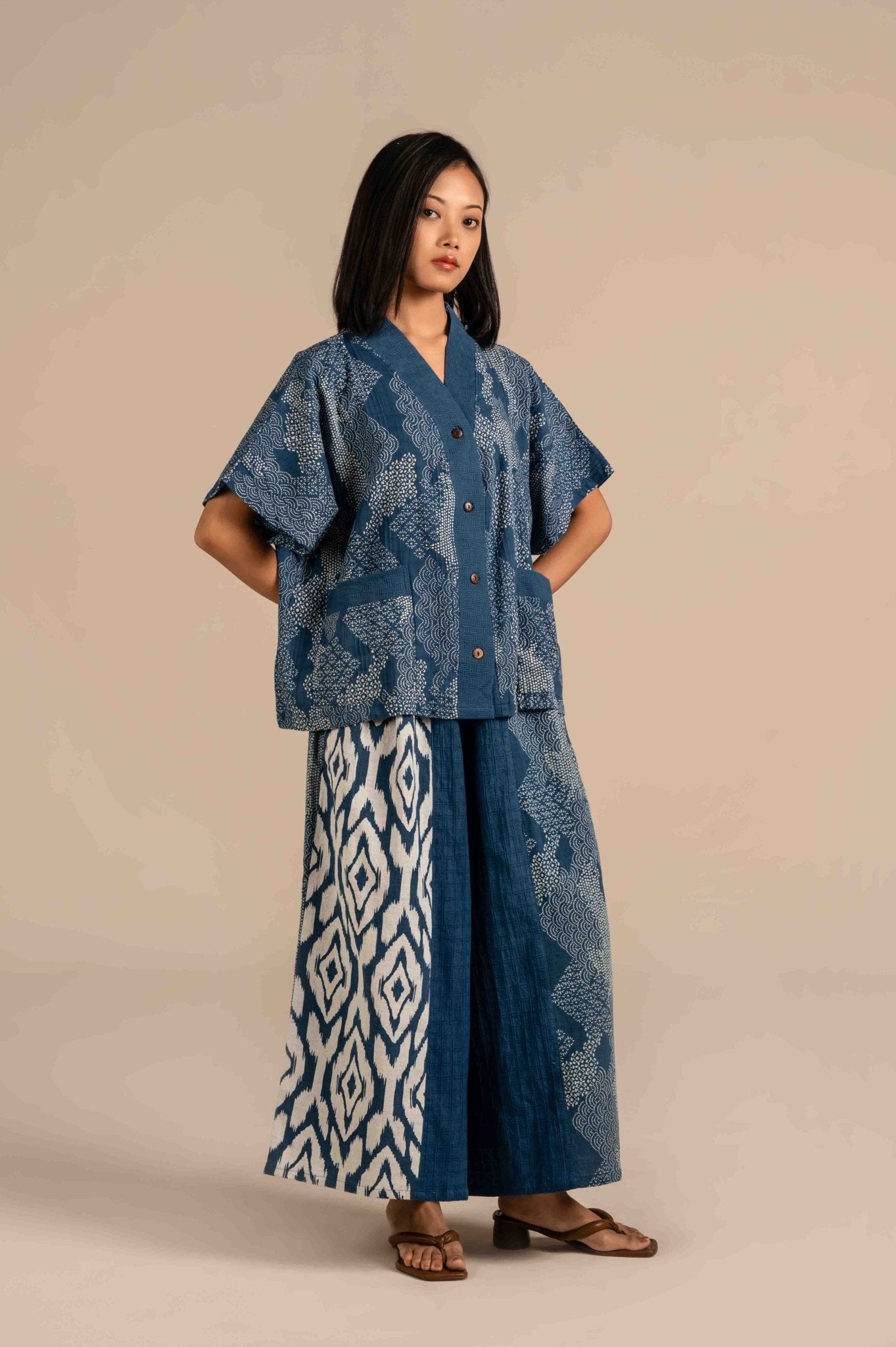 Wide leg indigo dye abstract pattern pants - Meiala Official